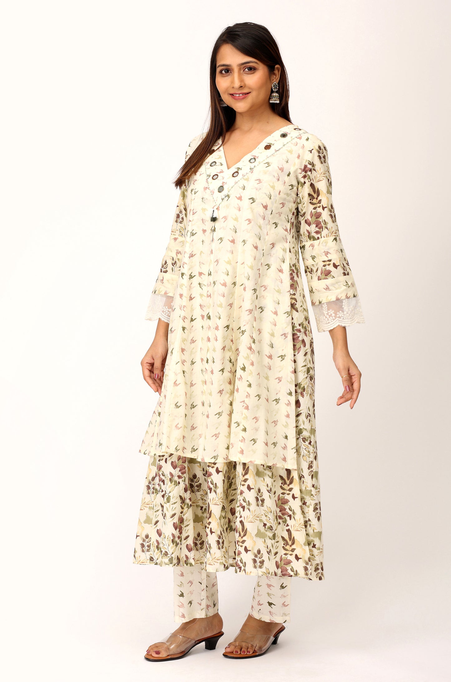 Cream Cotton Printed with Handwork Kurti Set -3Pcs