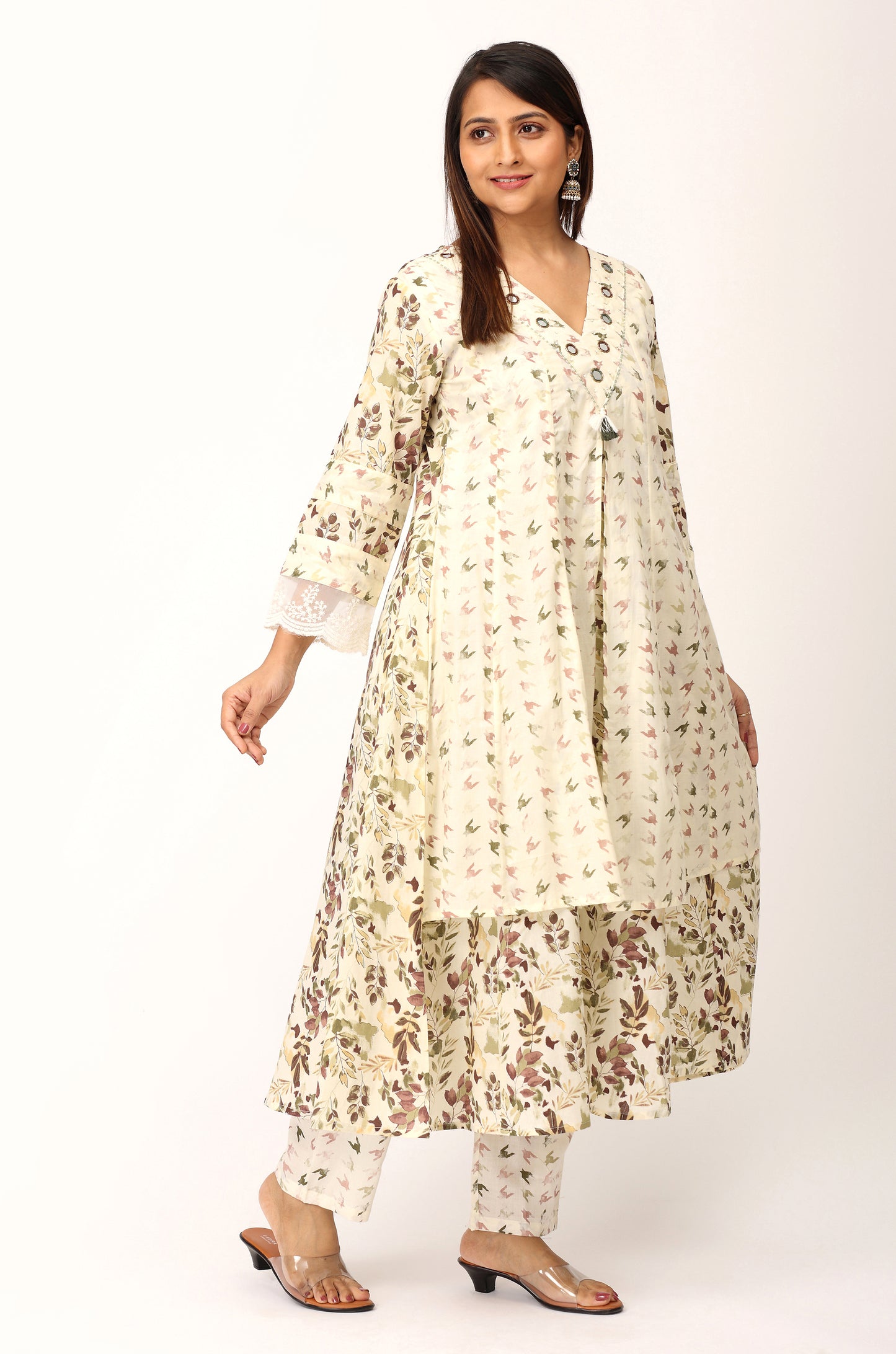 Cream Cotton Printed with Handwork Kurti Set -3Pcs