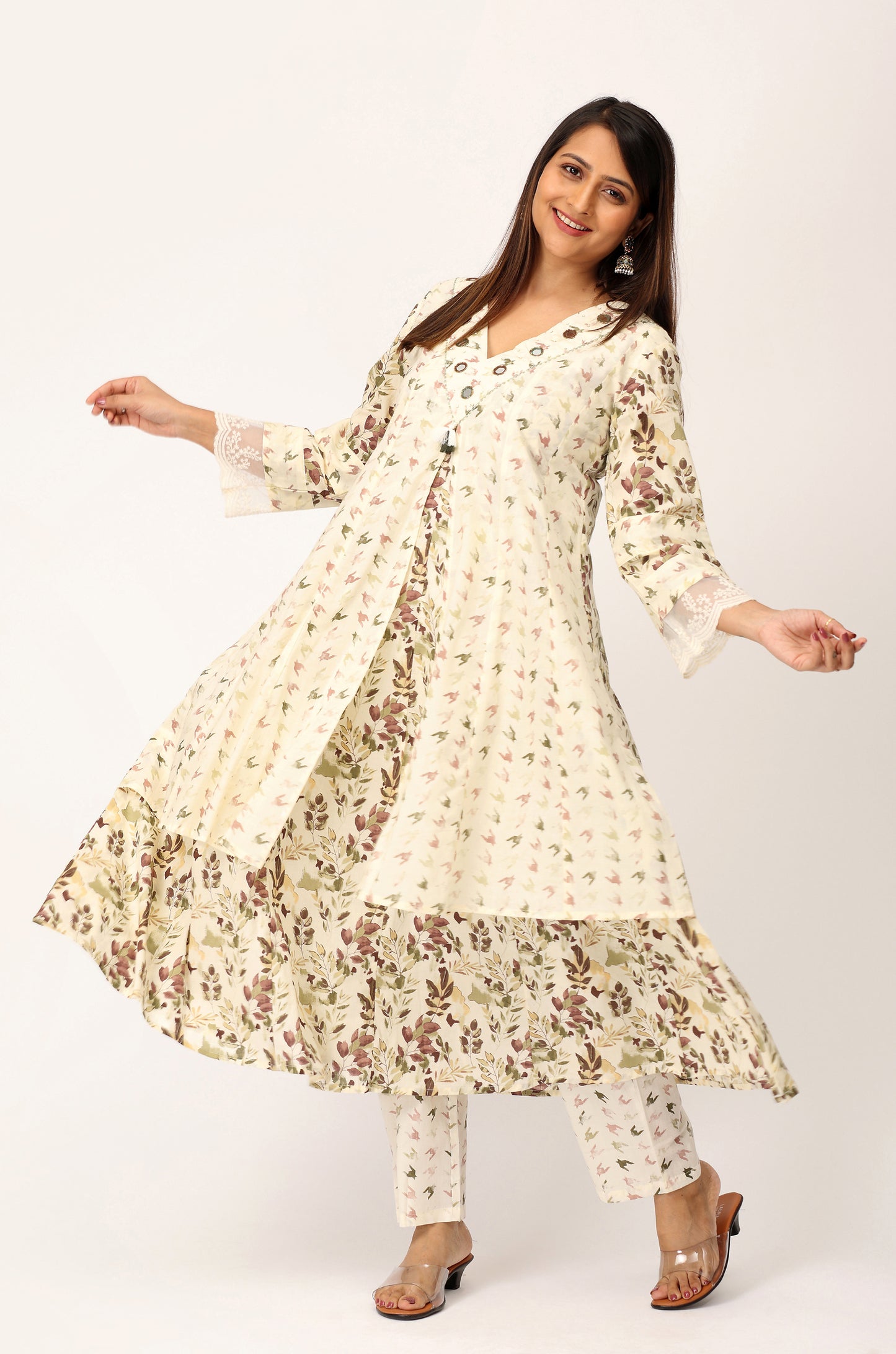 Cream Cotton Printed with Handwork Kurti Set -3Pcs