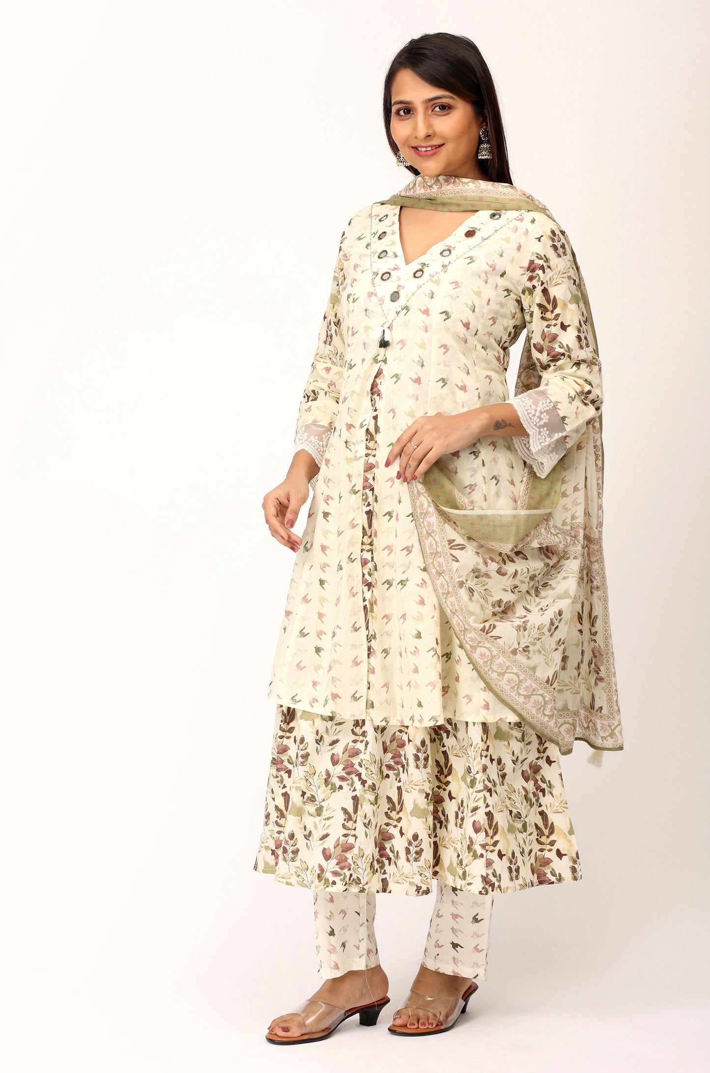Cream Cotton Printed with Handwork Kurti Set -3Pcs