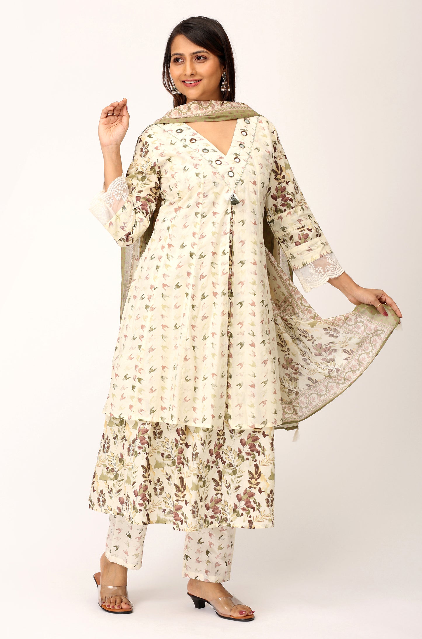 Cream Cotton Printed with Handwork Kurti Set -3Pcs