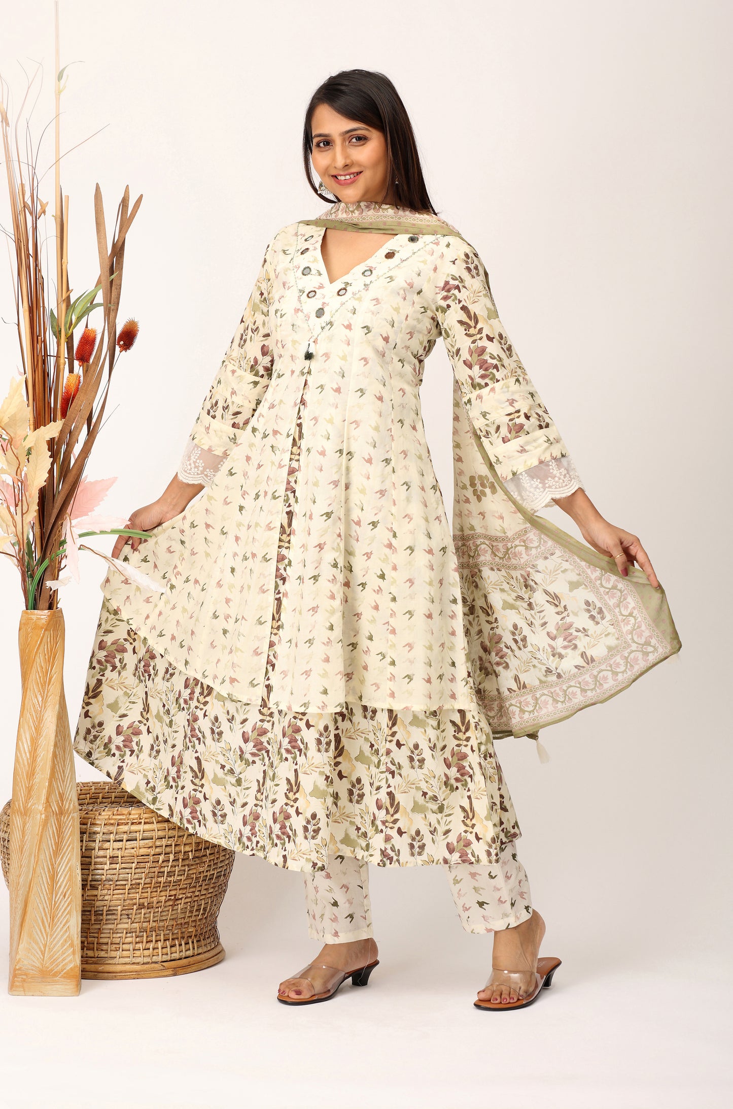 Cream Cotton Printed with Handwork Kurti Set -3Pcs
