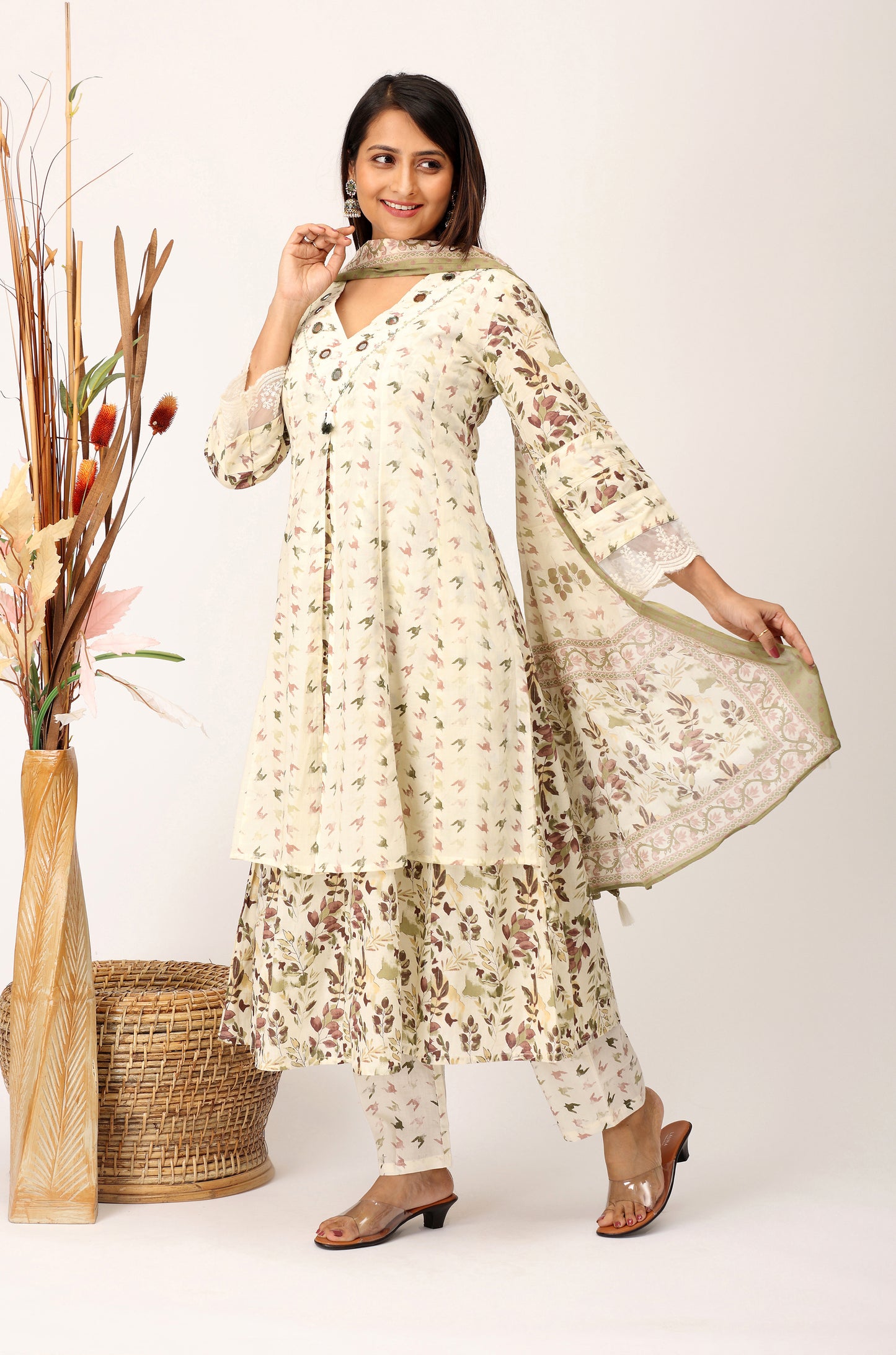 Cream Cotton Printed with Handwork Kurti Set -3Pcs