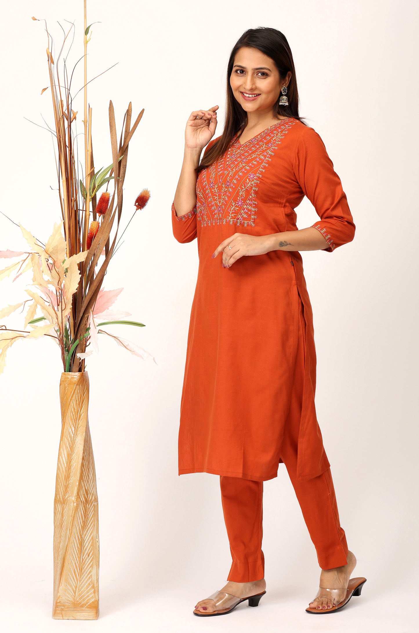 Rust Rayon Slub Embroidery Straight Kurti Set - 2Pcs