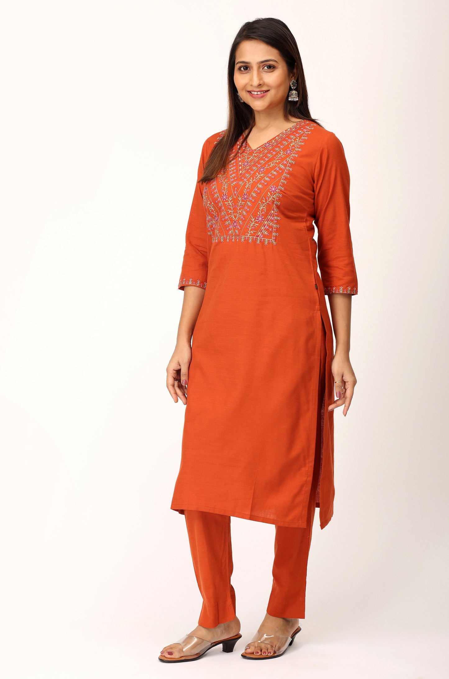 Rust Rayon Slub Embroidery Straight Kurti Set - 2Pcs