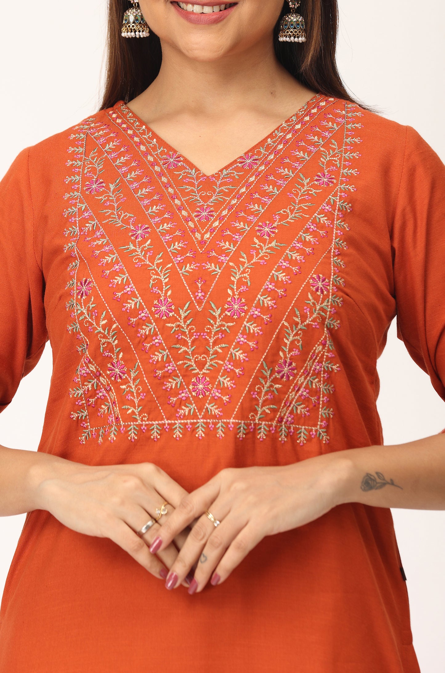 Rust Rayon Slub Embroidery Straight Kurti Set - 2Pcs