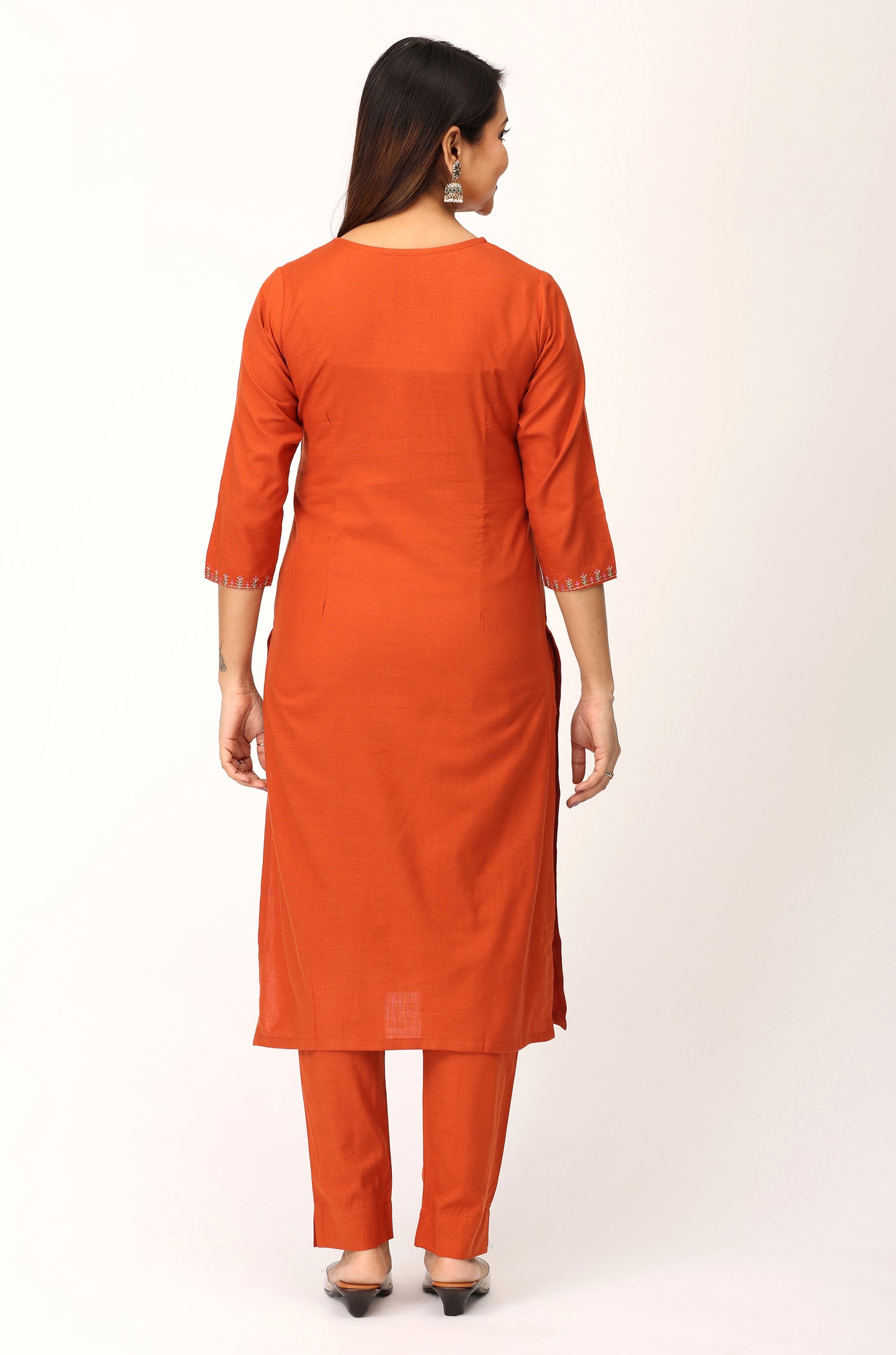 Rust Rayon Slub Embroidery Straight Kurti Set - 2Pcs