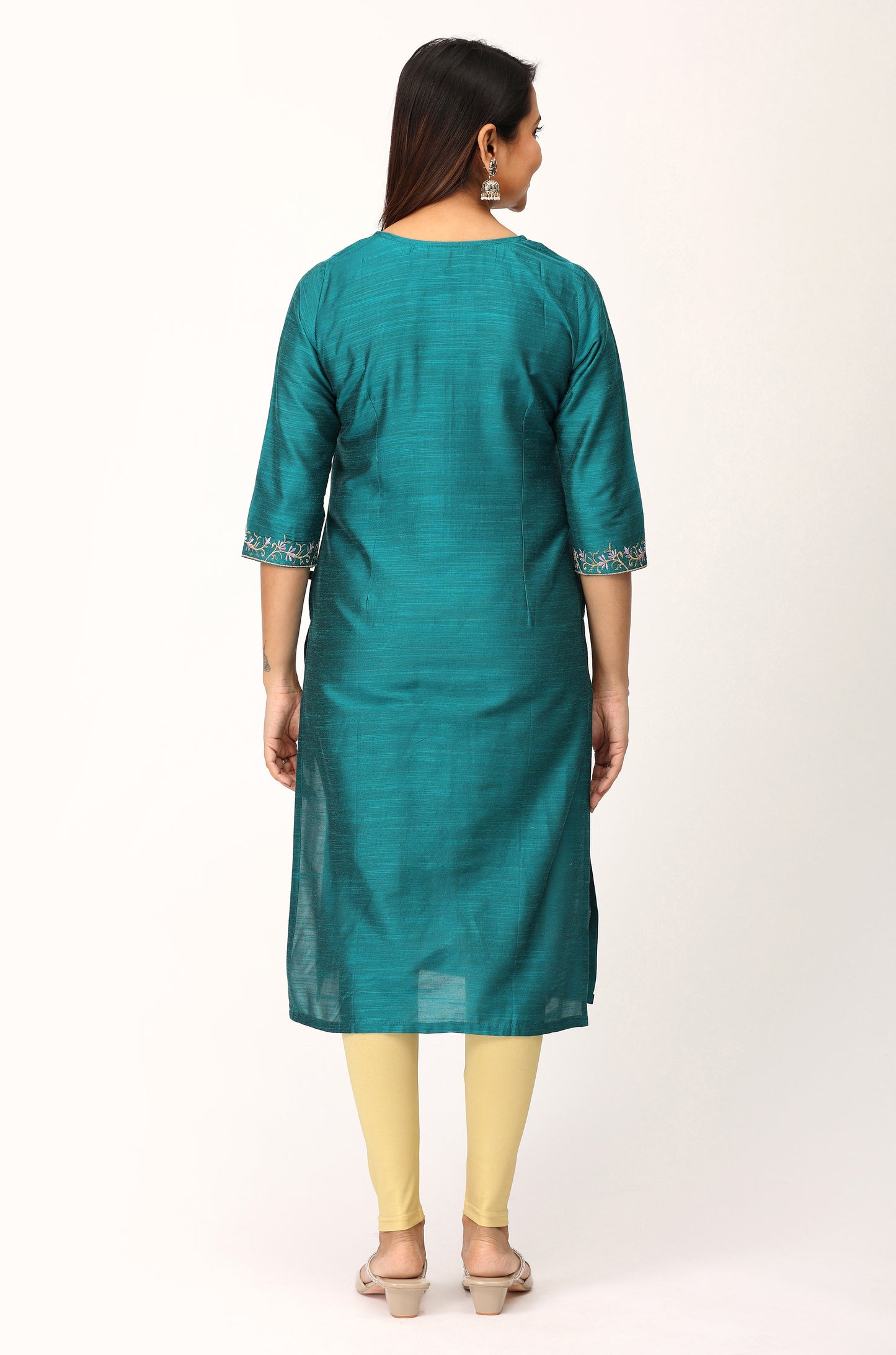 Dark Teal Slub Silk Embroidery Kurti