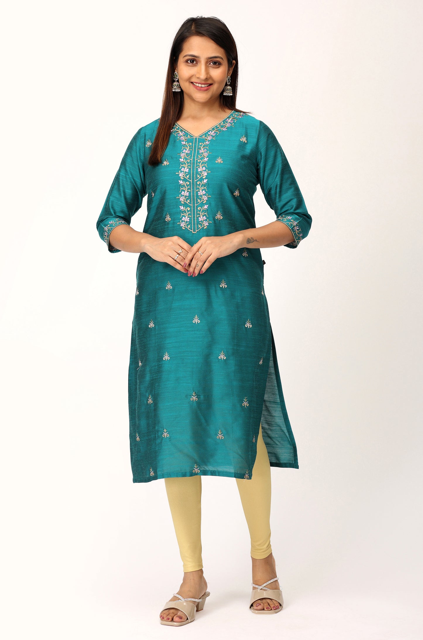 Dark Teal Slub Silk Embroidery Kurti