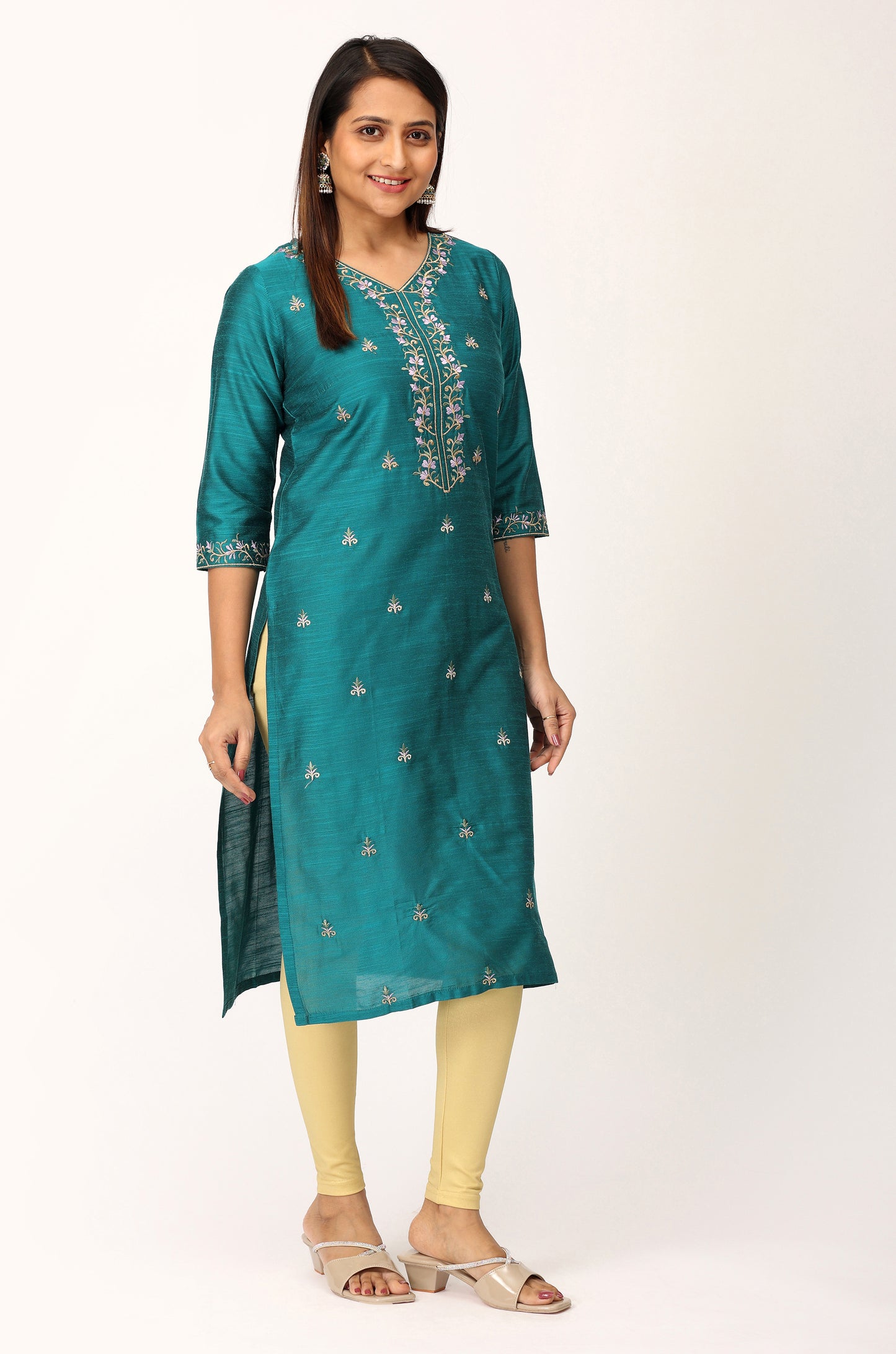 Dark Teal Slub Silk Embroidery Kurti