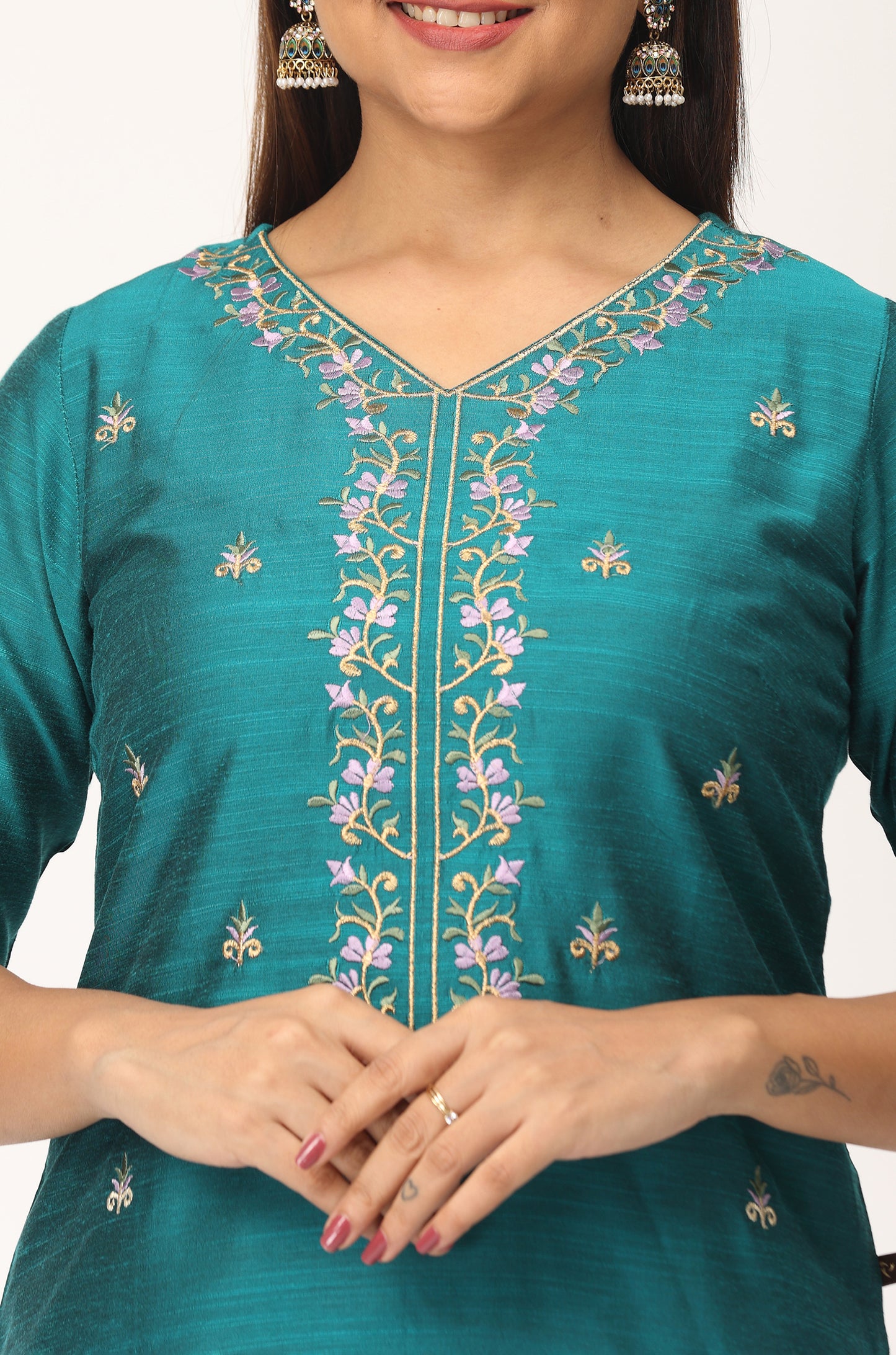Dark Teal Slub Silk Embroidery Kurti