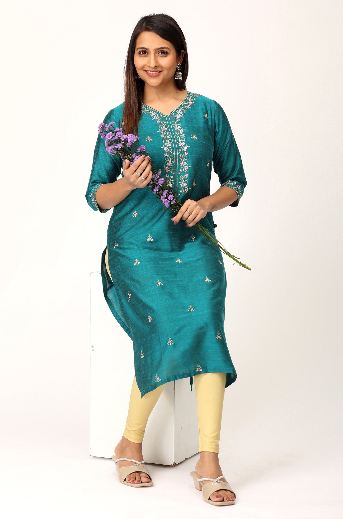 Dark Teal Slub Silk Embroidery Kurti