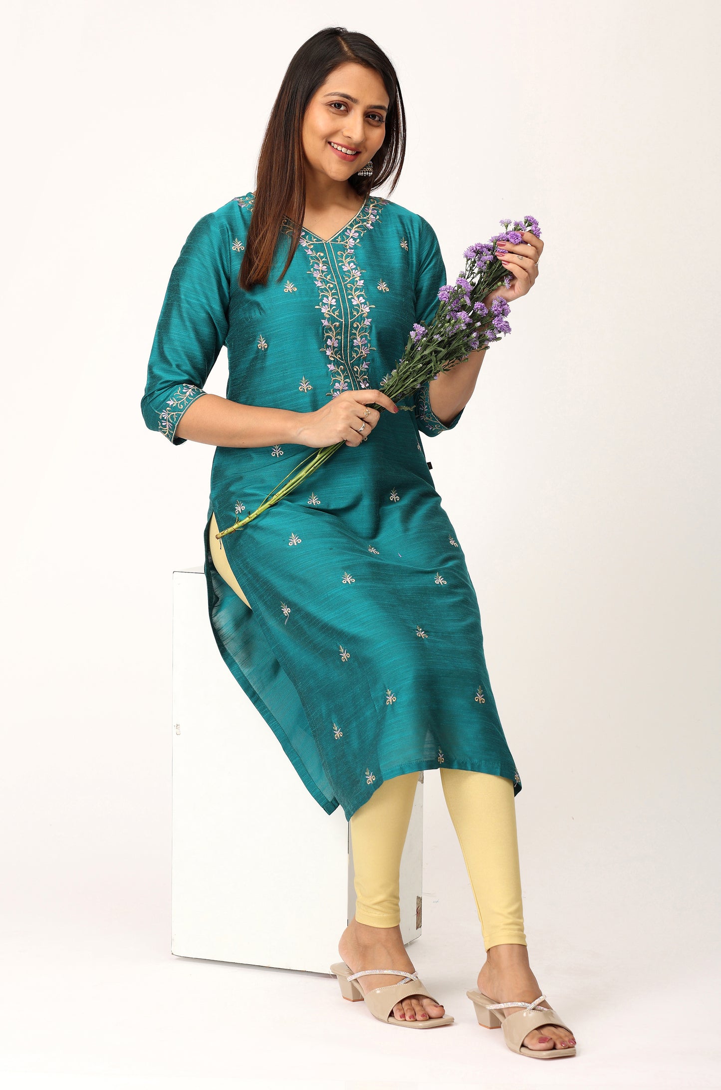 Dark Teal Slub Silk Embroidery Kurti