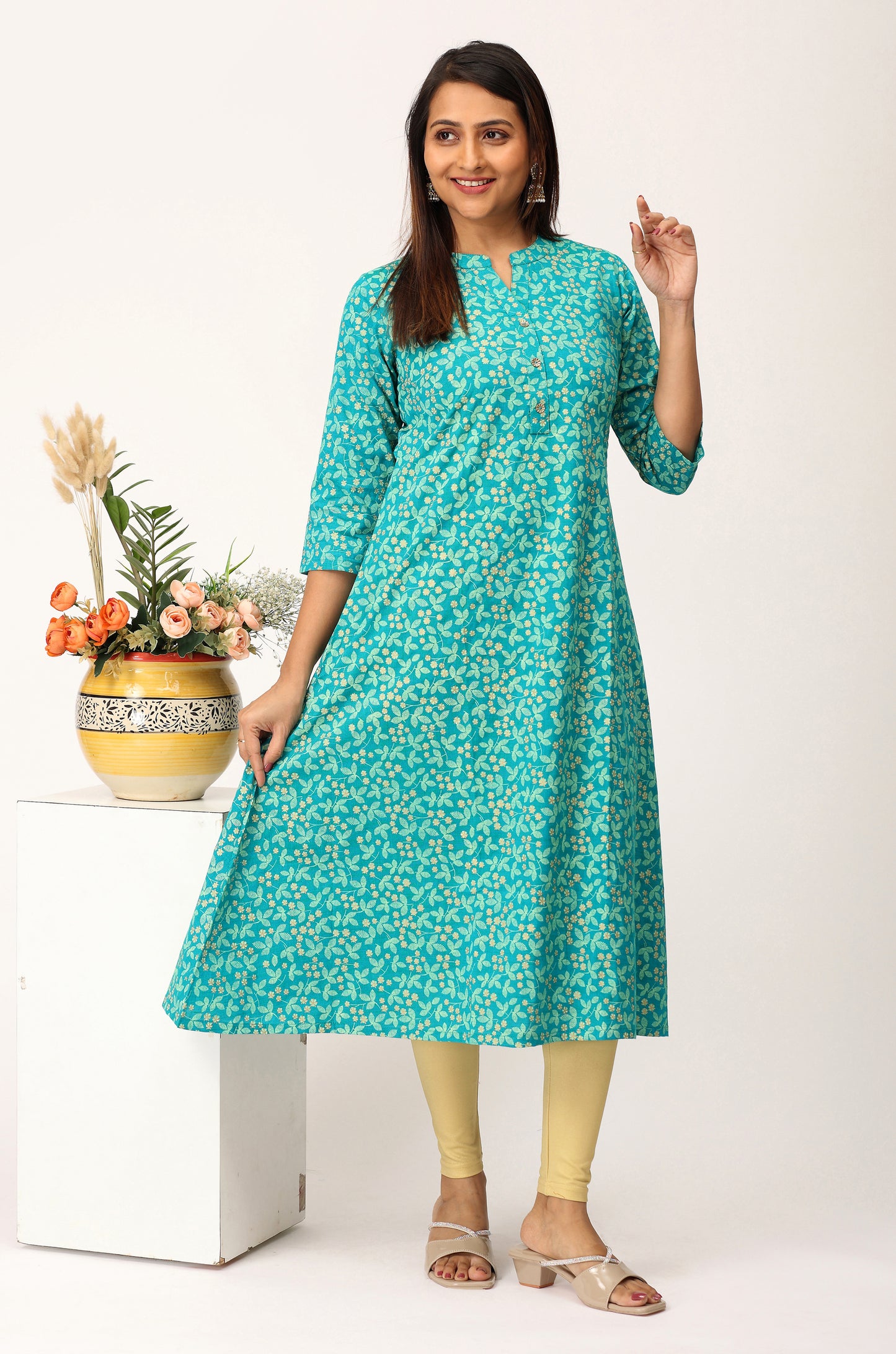 Teal Rayon Slub Printed A-Line Kurti