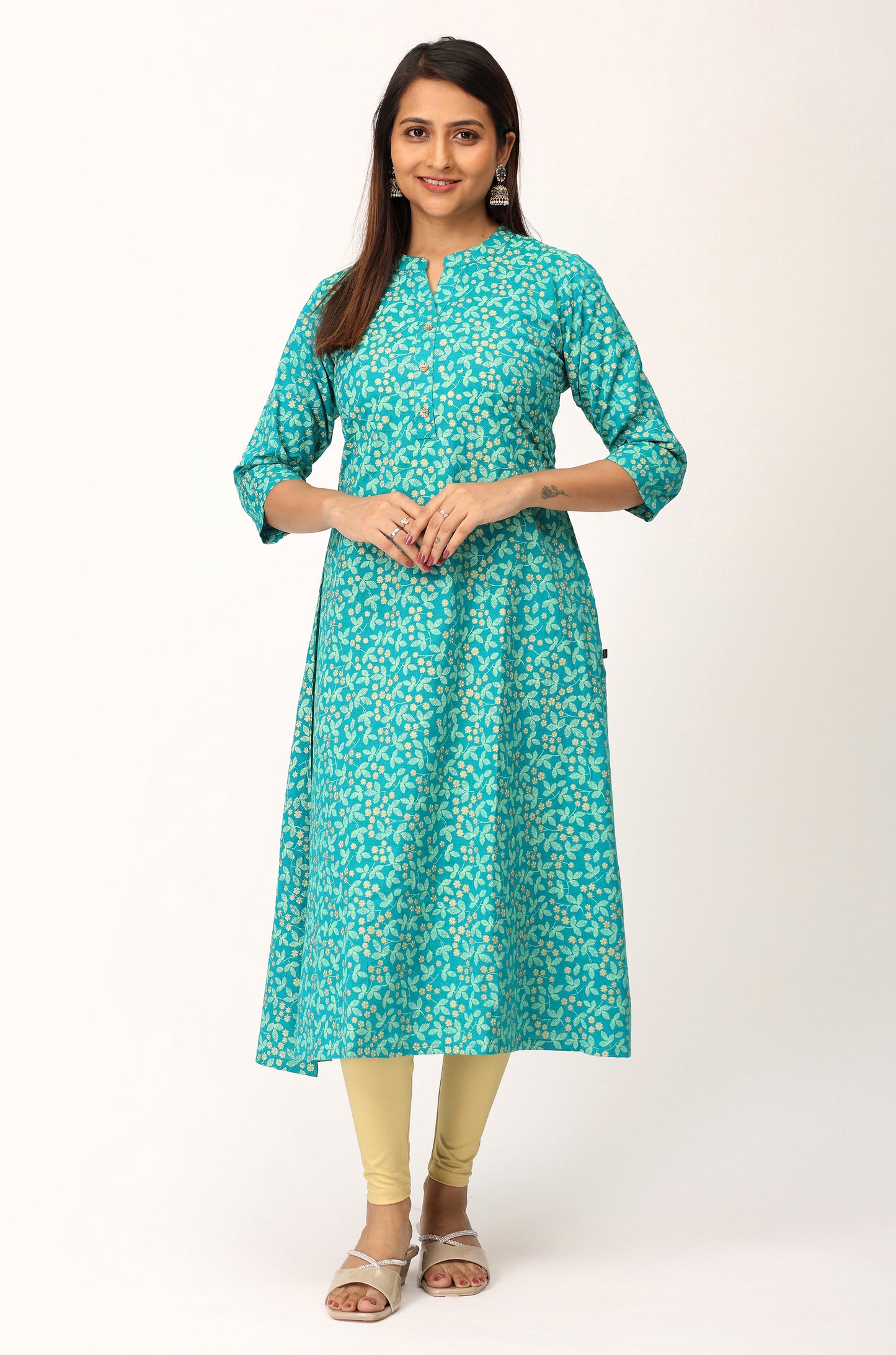 Teal Rayon Slub Printed A-Line Kurti
