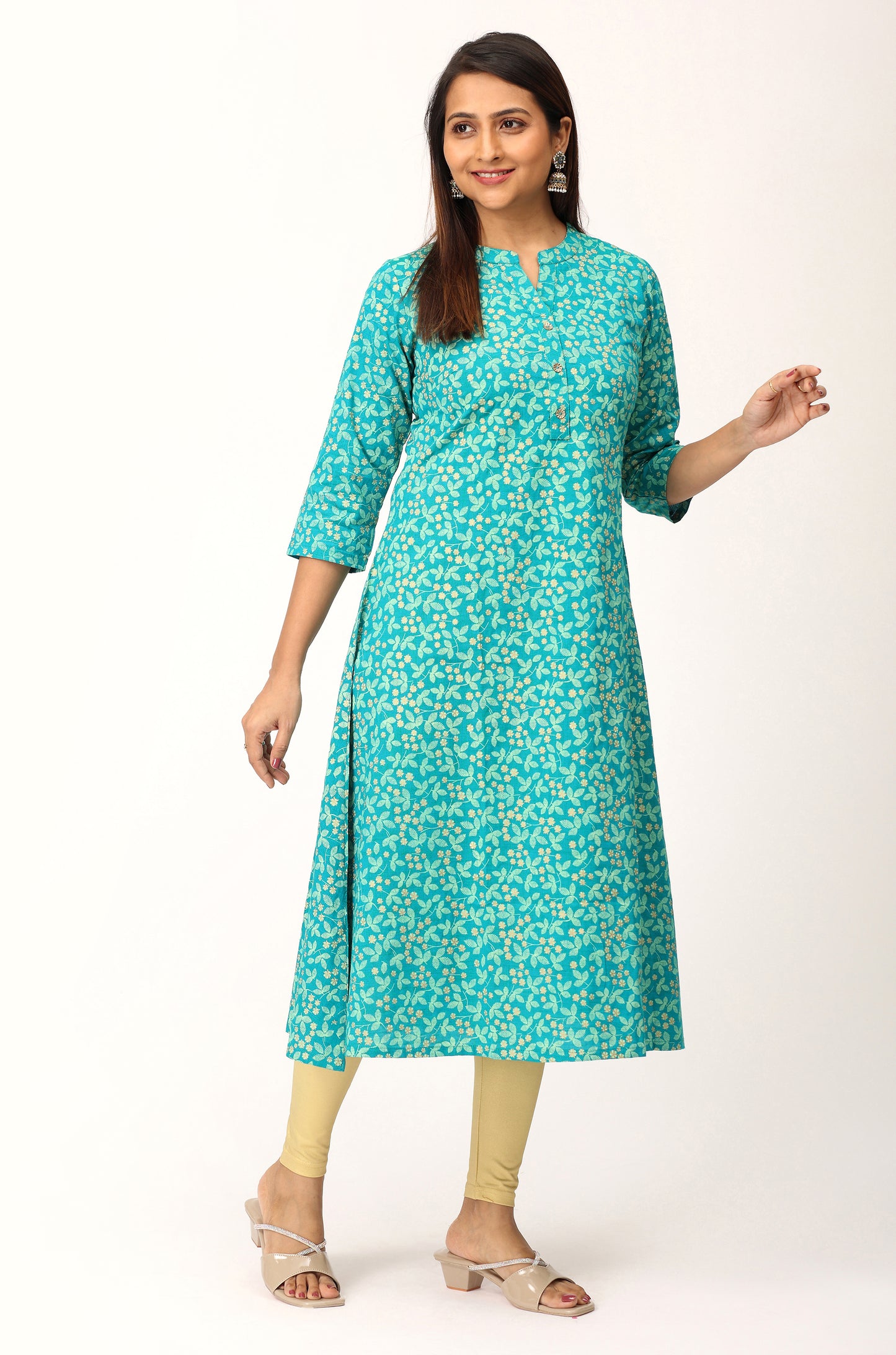 Teal Rayon Slub Printed A-Line Kurti