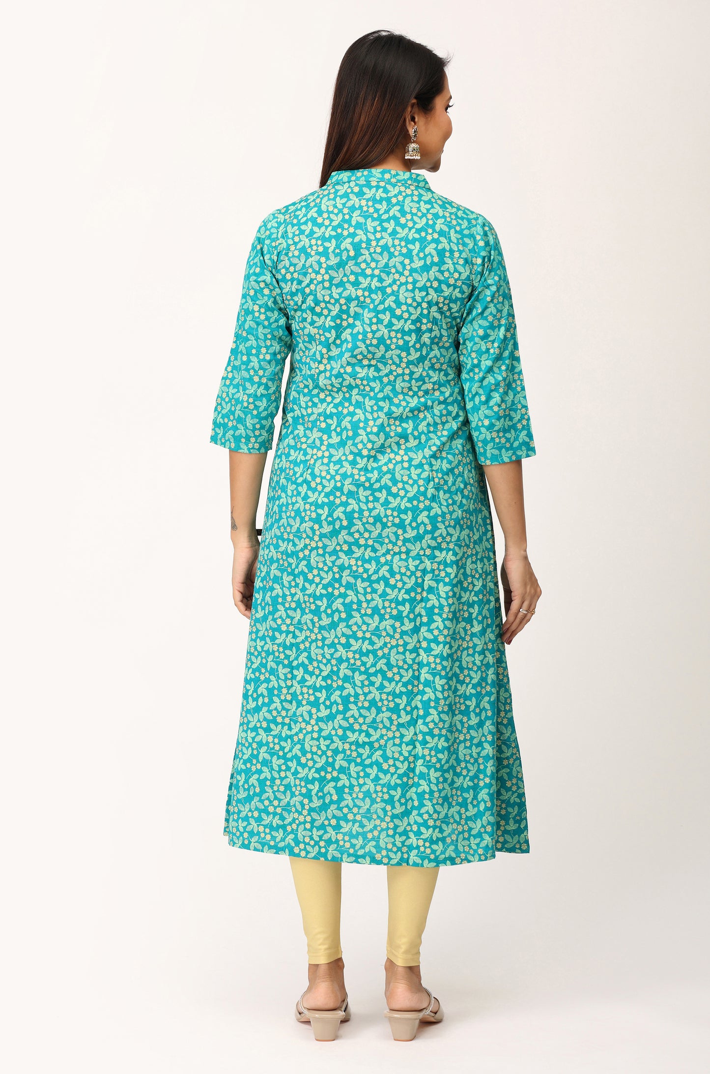 Teal Rayon Slub Printed A-Line Kurti