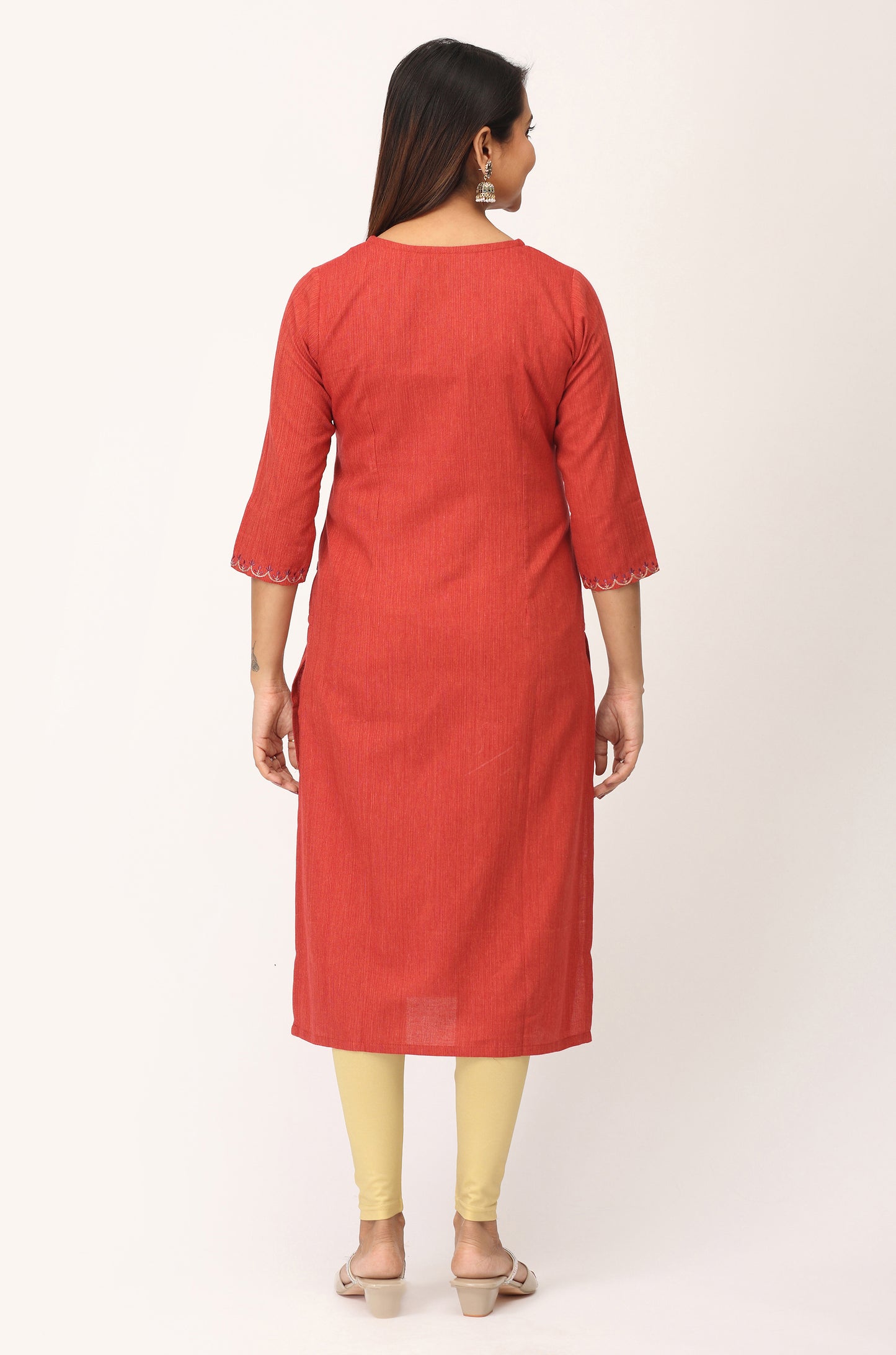 Rust Khadi Embroidery Straight Kurti