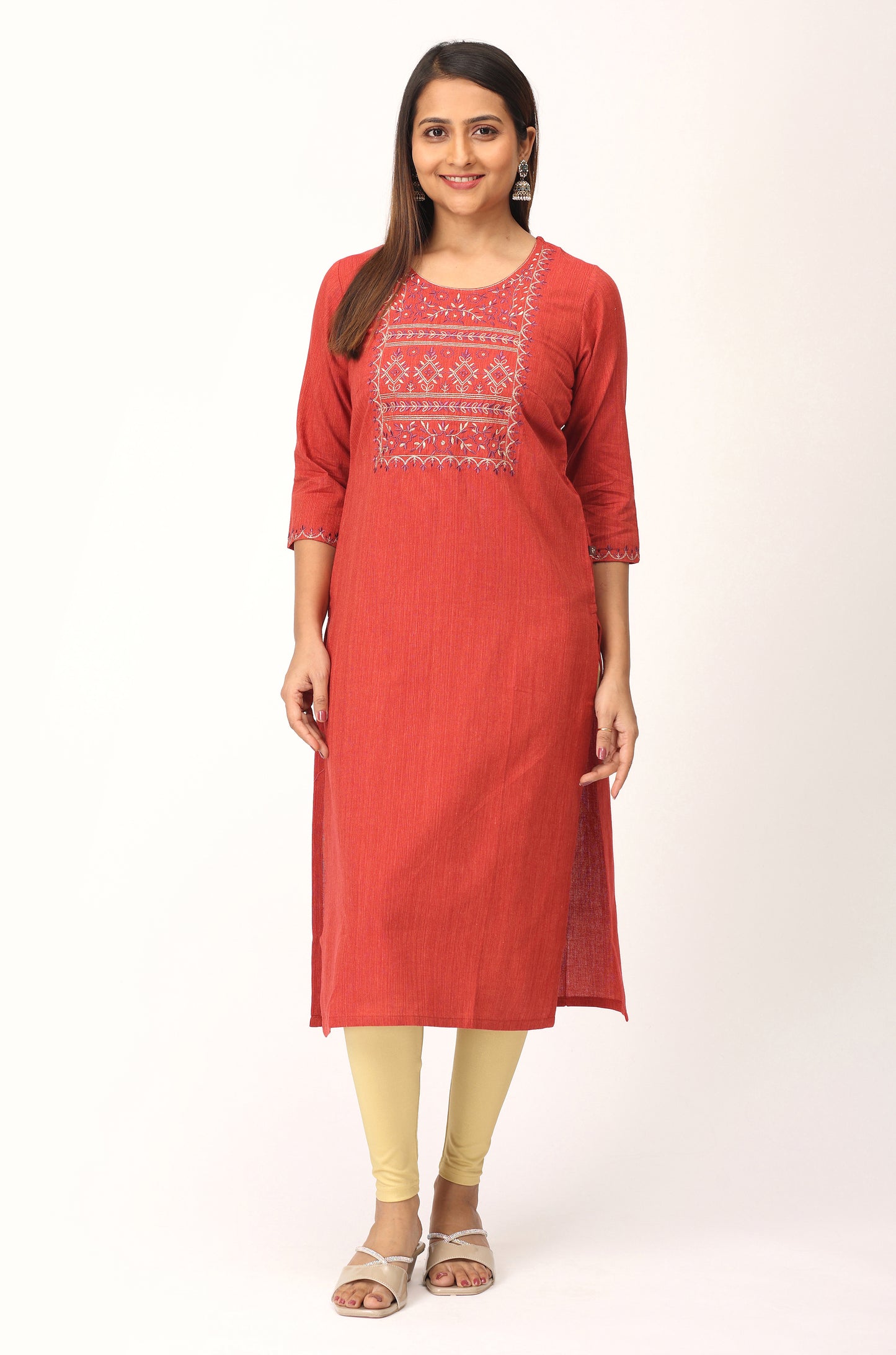 Rust Khadi Embroidery Straight Kurti