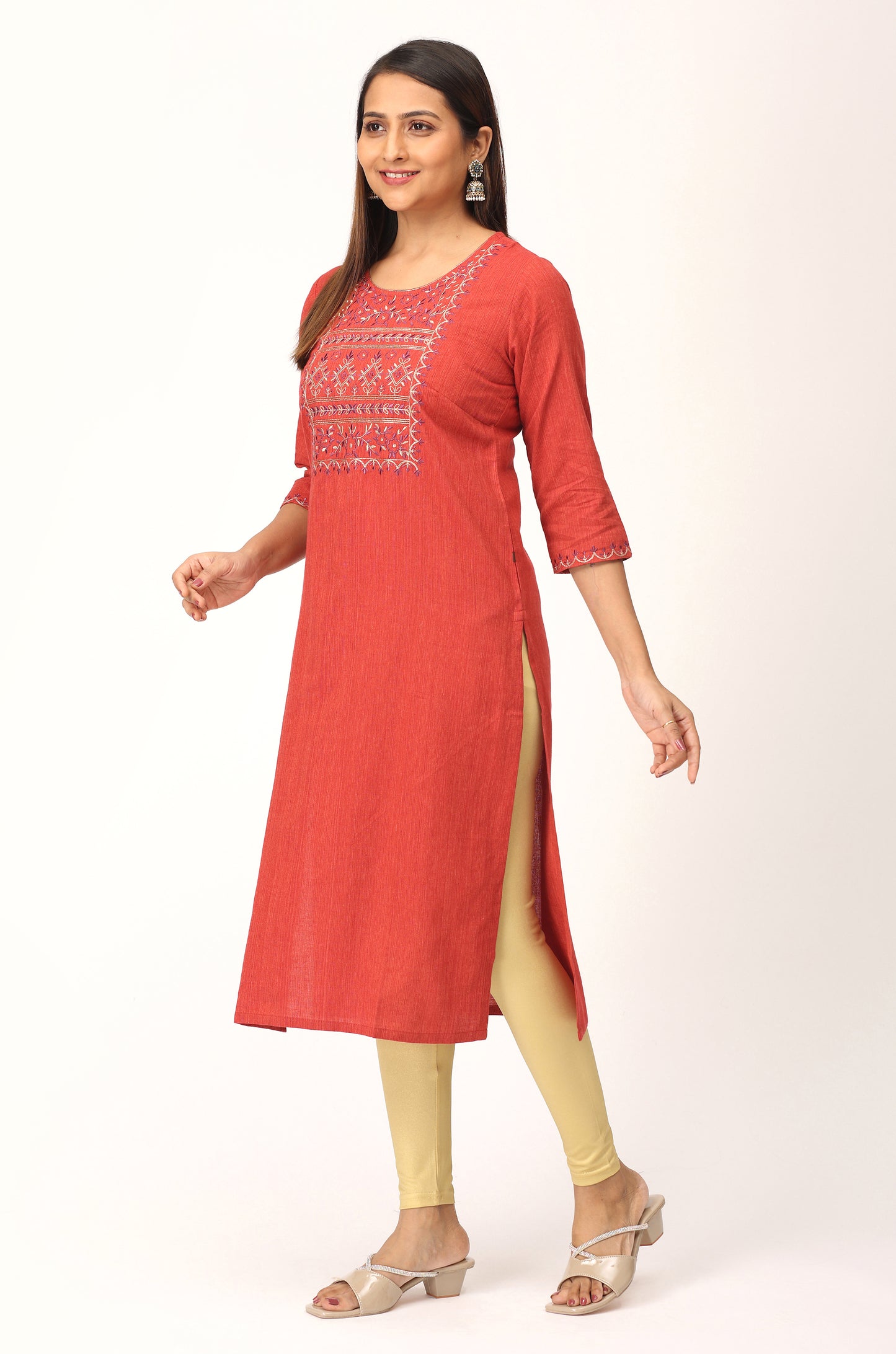 Rust Khadi Embroidery Straight Kurti