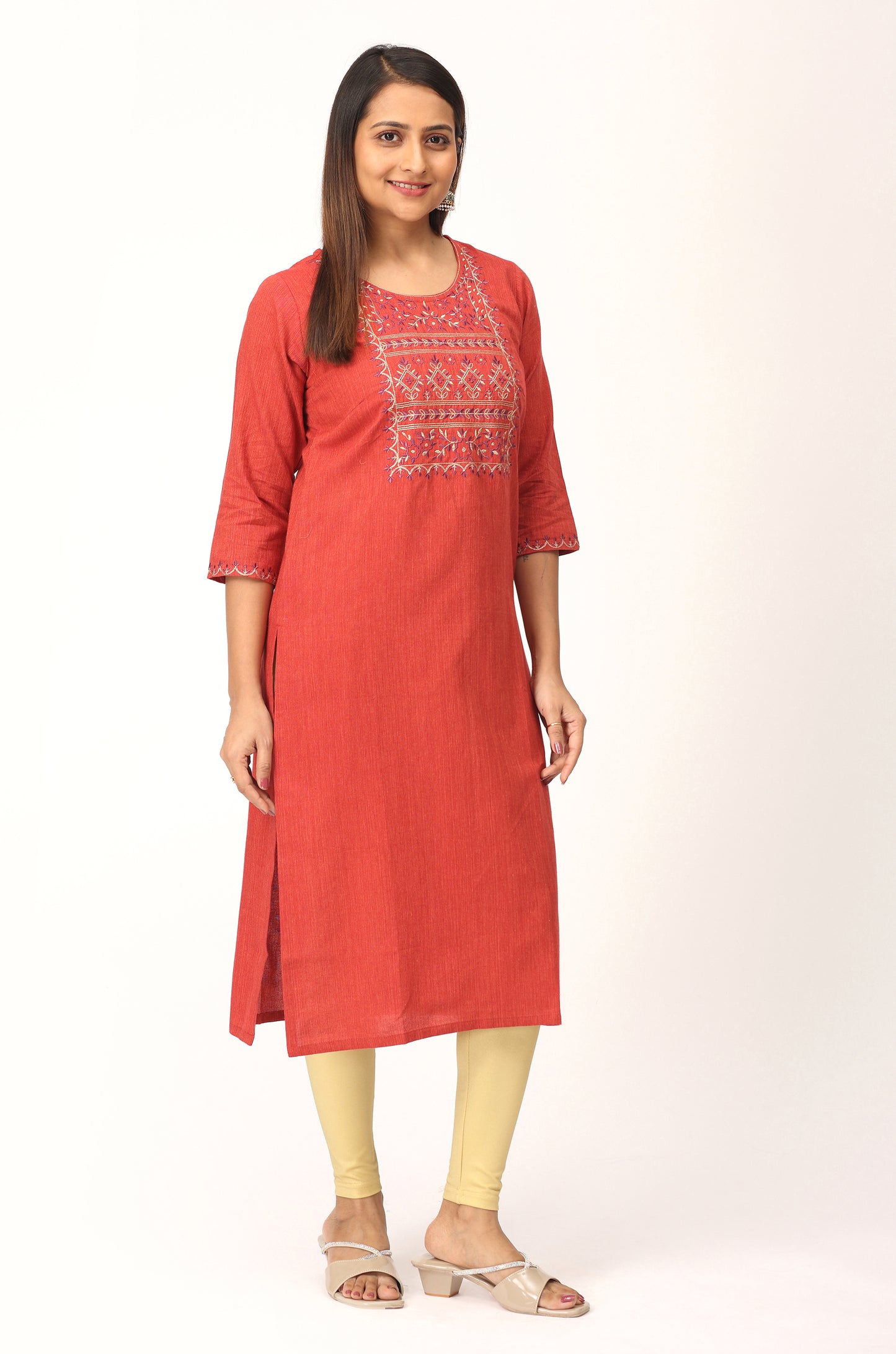 Rust Khadi Embroidery Straight Kurti