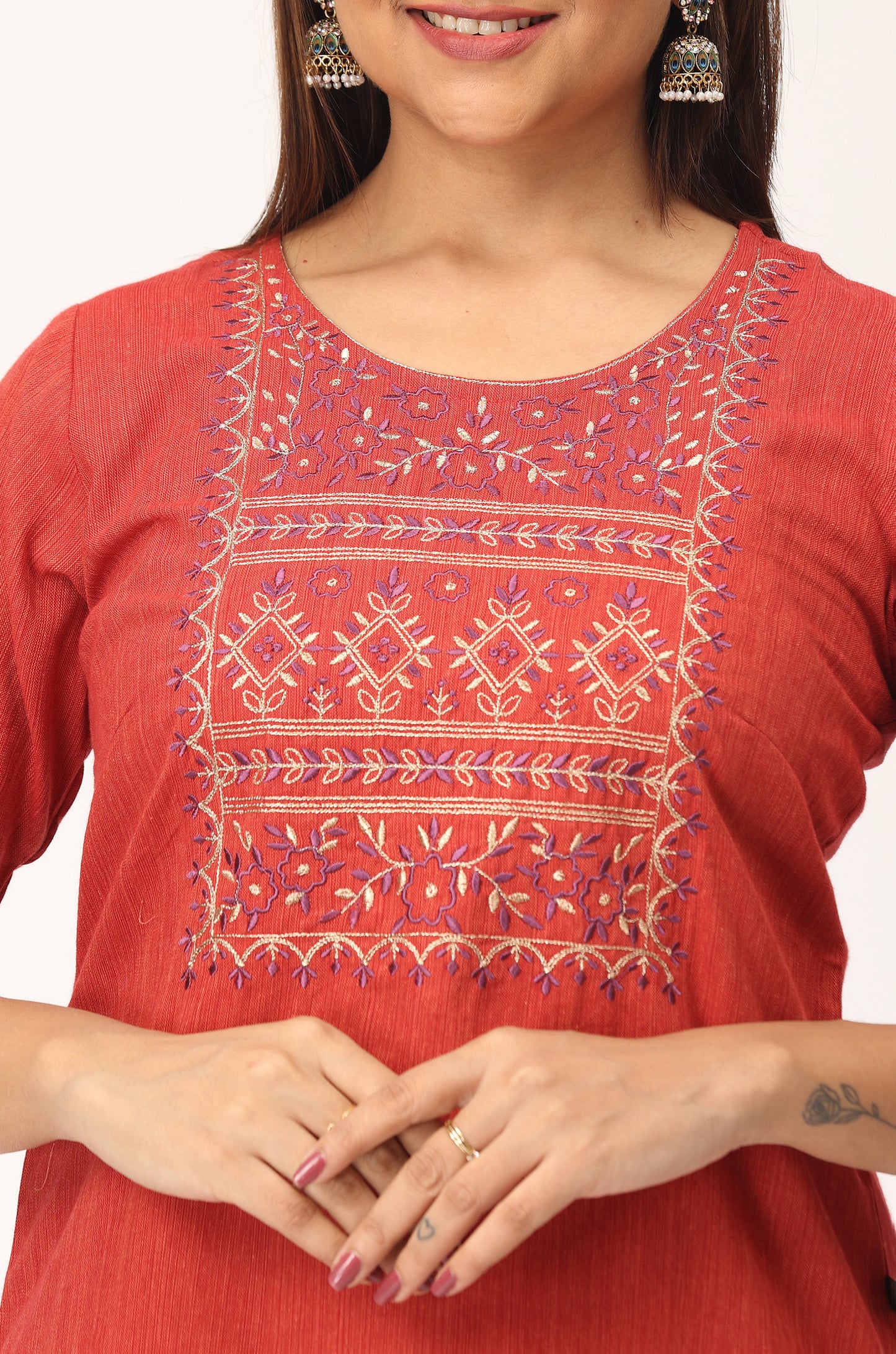 Rust Khadi Embroidery Straight Kurti