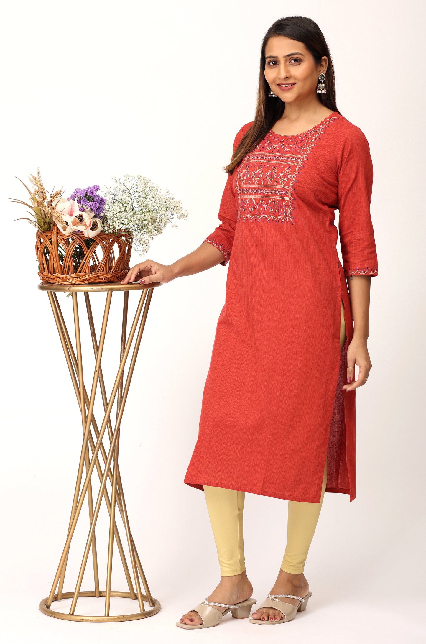 Rust Khadi Embroidery Straight Kurti