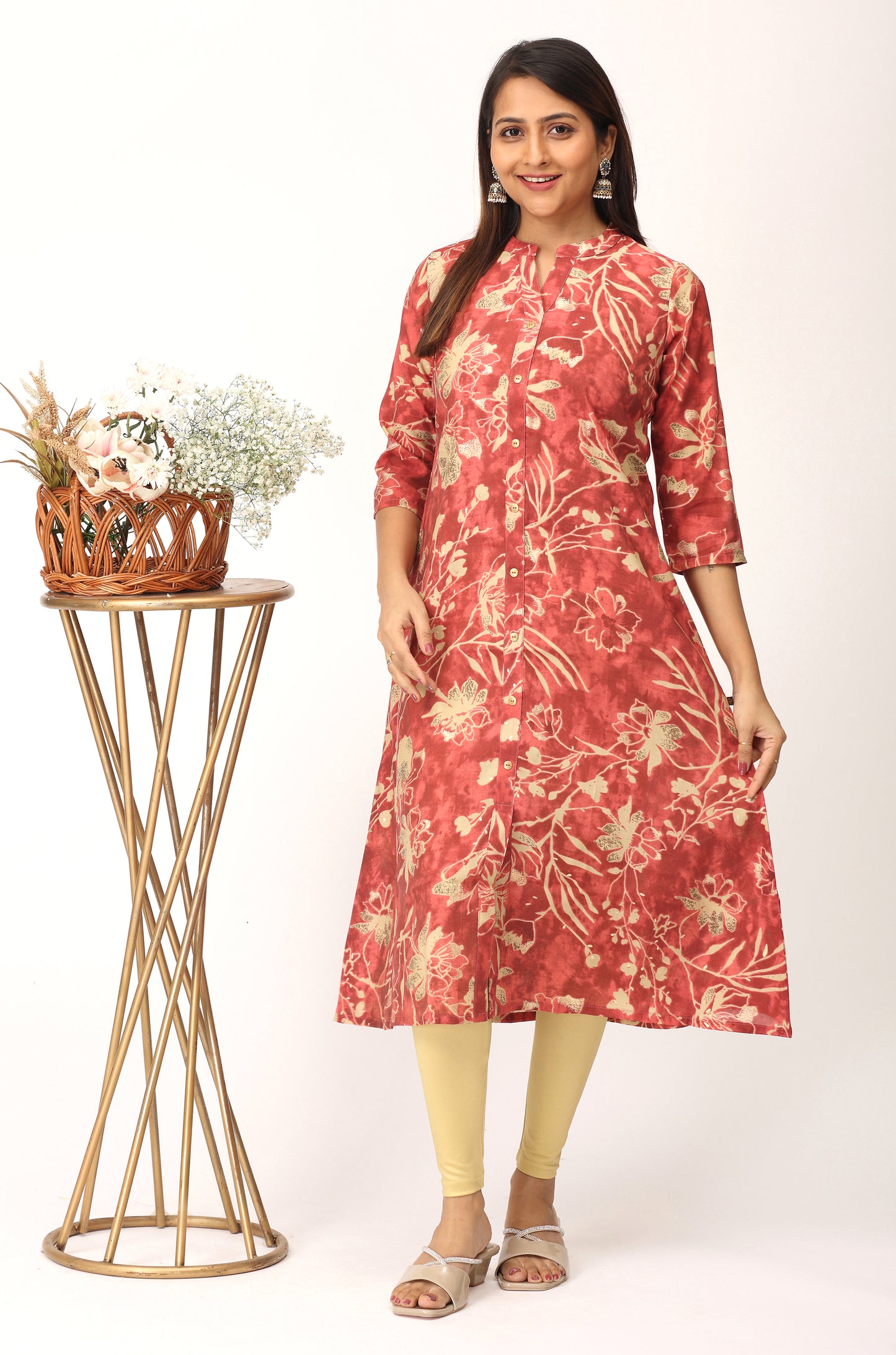 Dark Peach Modal Printed A-Line Kurti