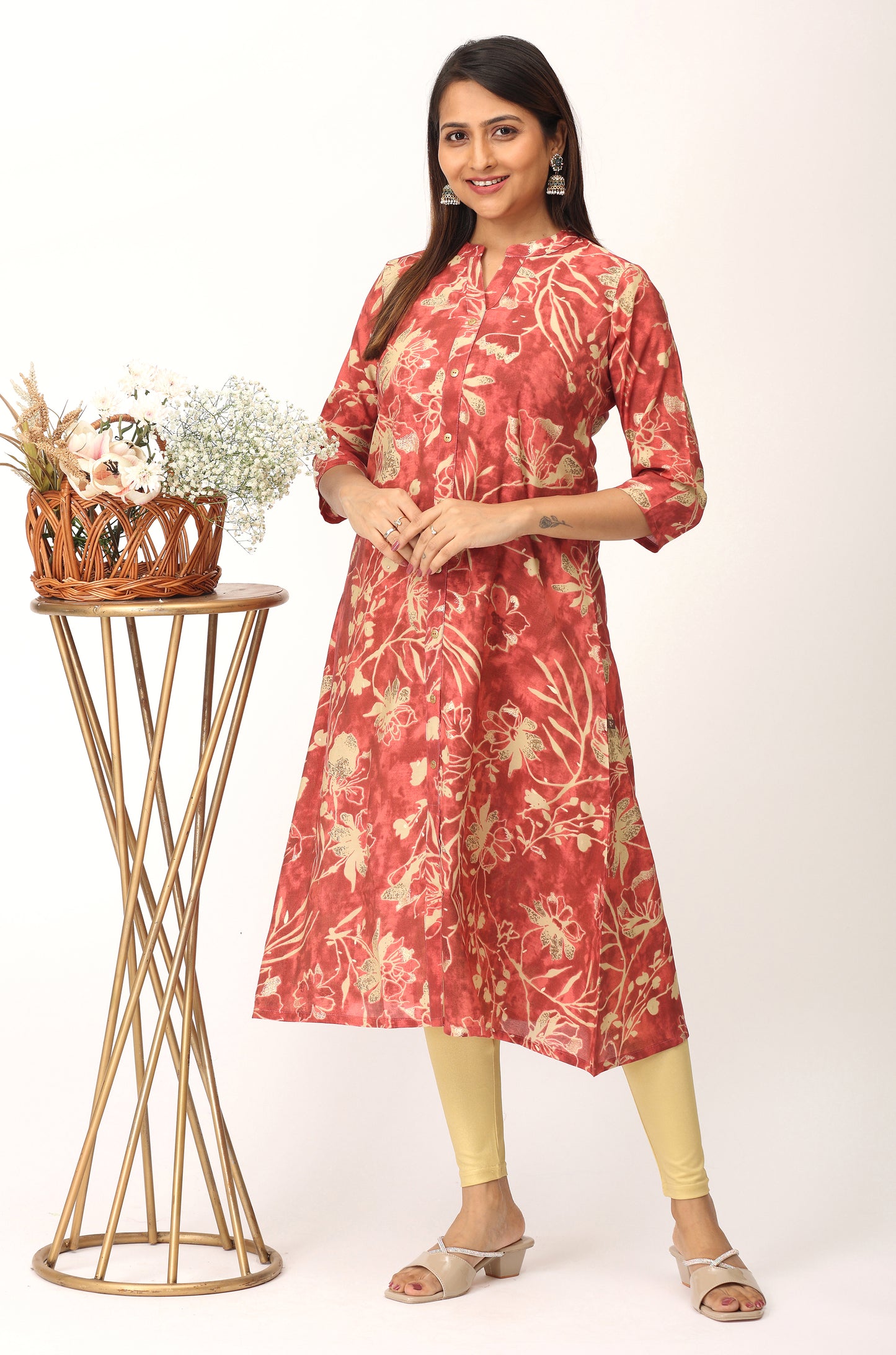 Dark Peach Modal Printed A-Line Kurti