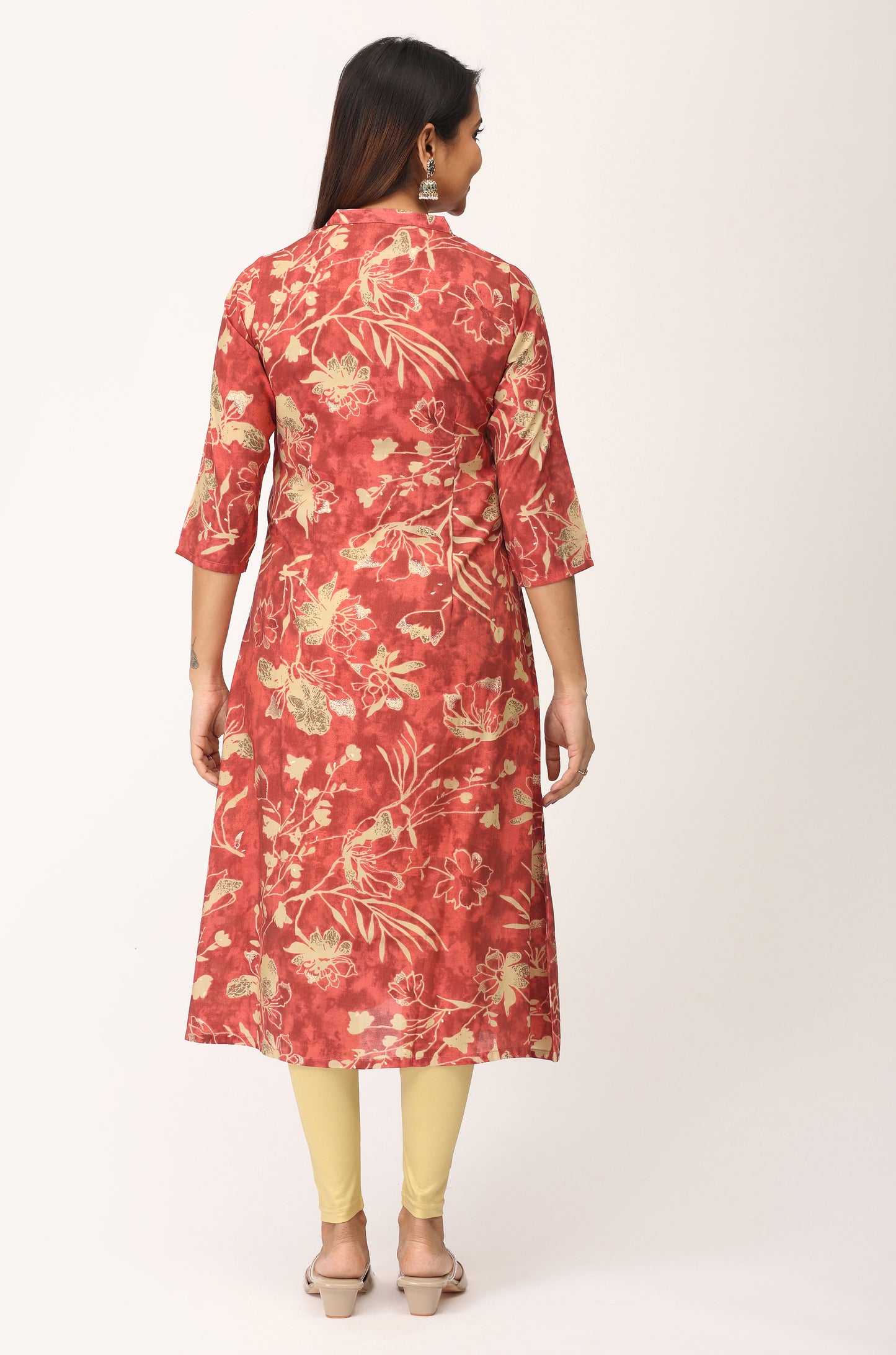 Dark Peach Modal Printed A-Line Kurti