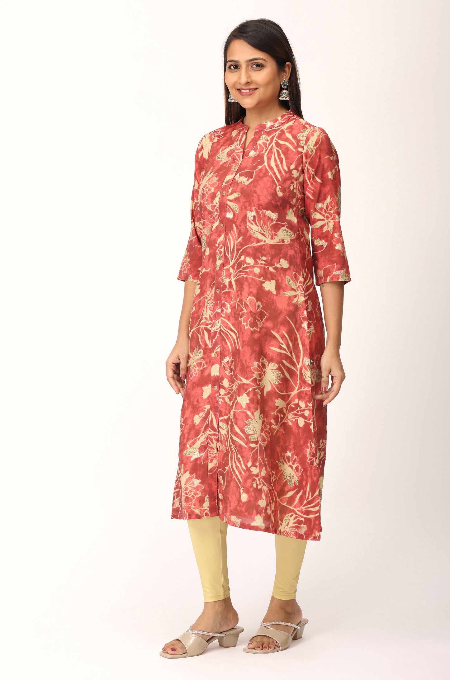 Dark Peach Modal Printed A-Line Kurti