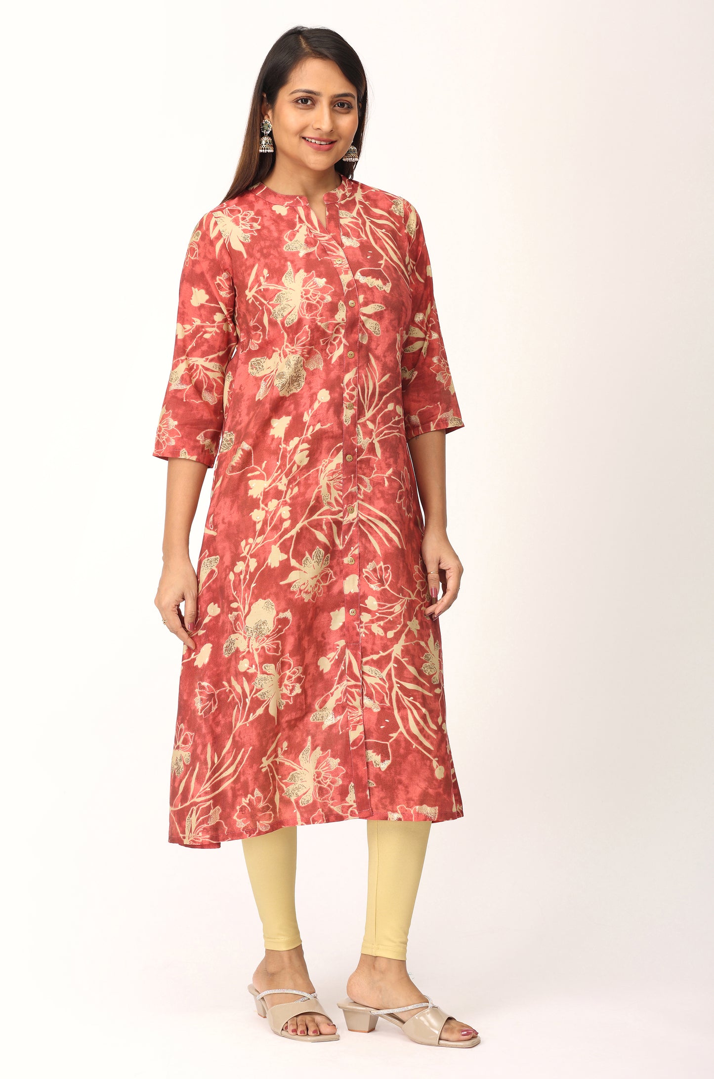 Dark Peach Modal Printed A-Line Kurti
