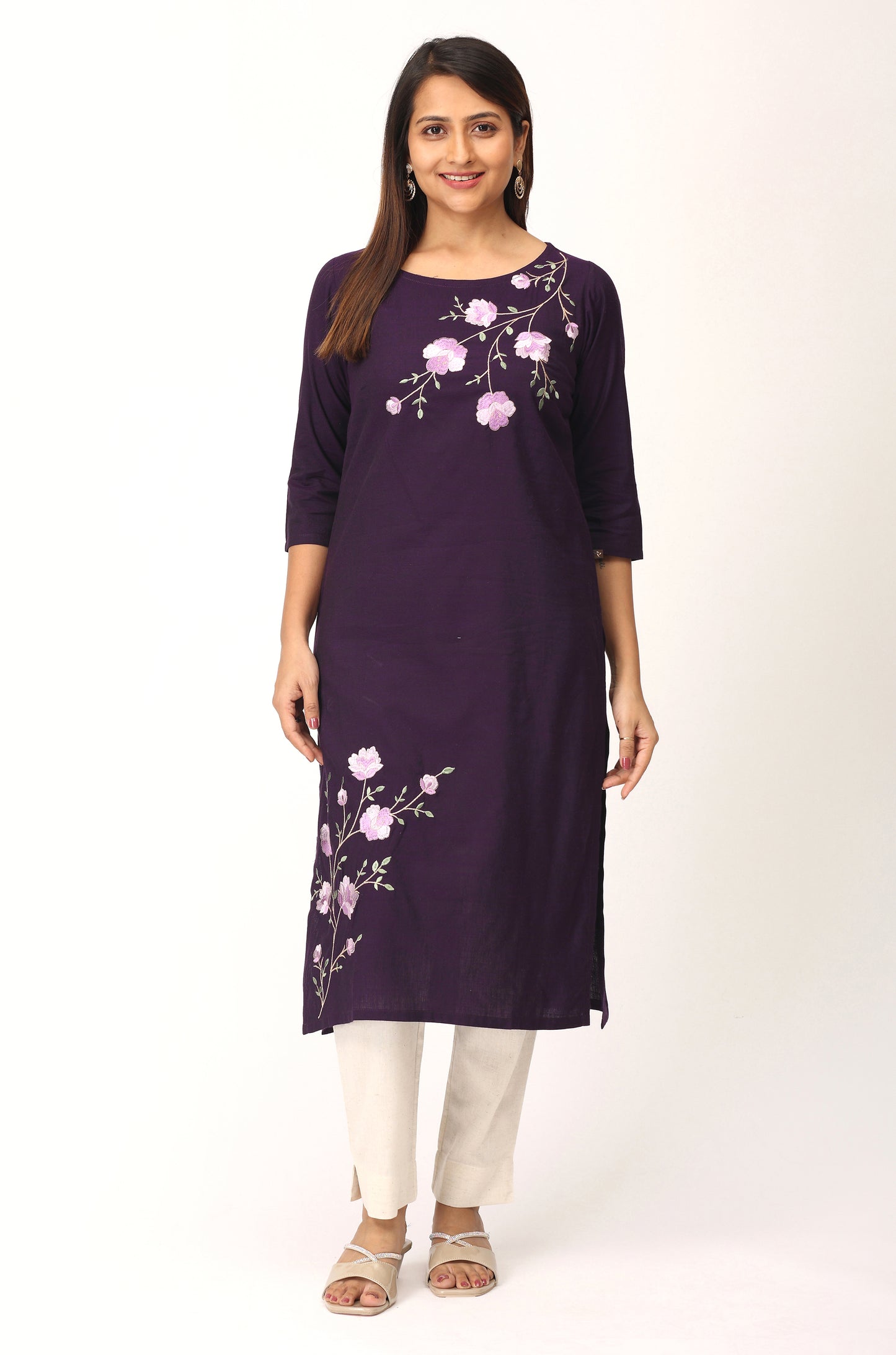 Purple Rayon Slub Embroidery Straight Kurti