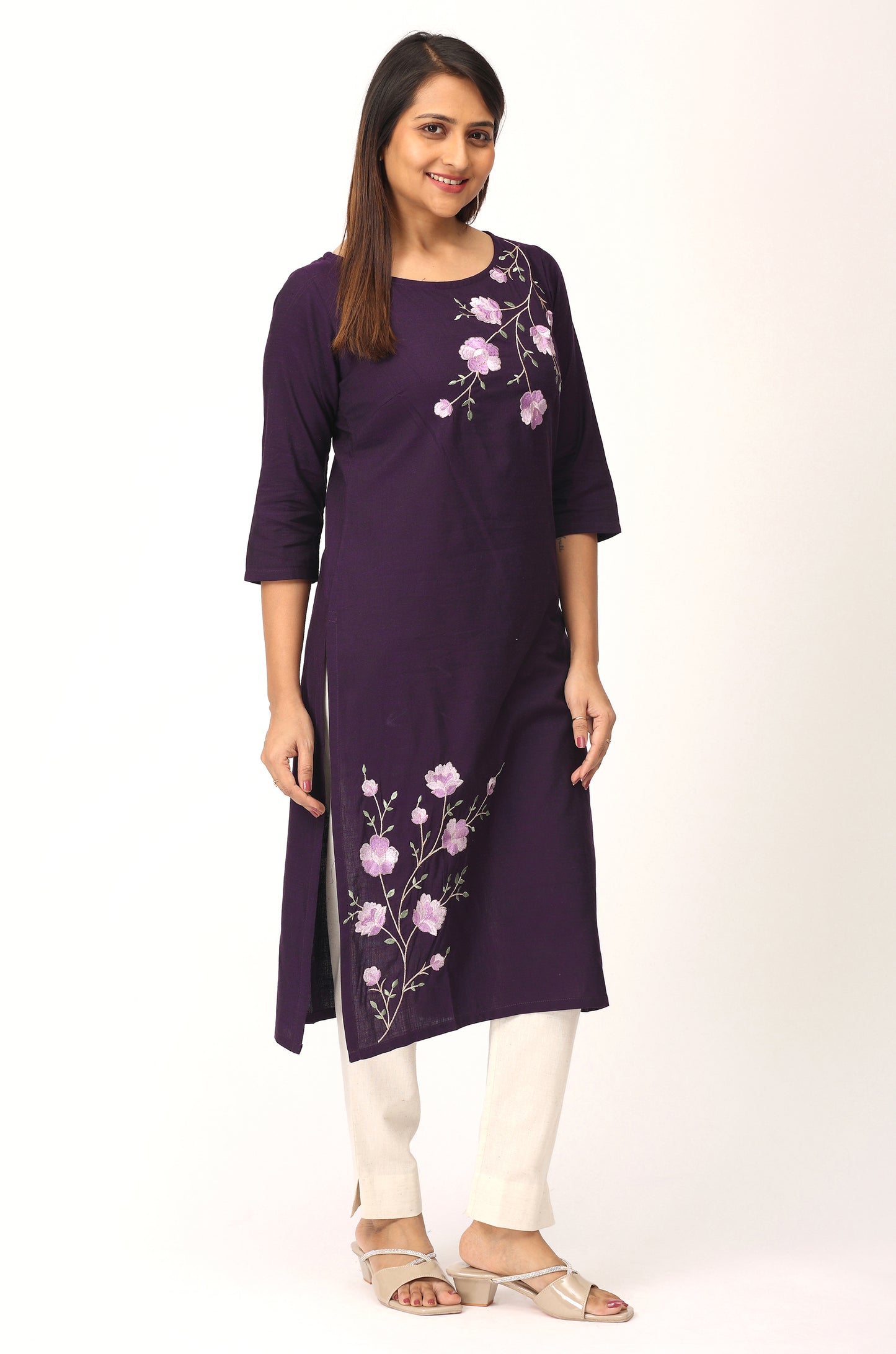 Purple Rayon Slub Embroidery Straight Kurti
