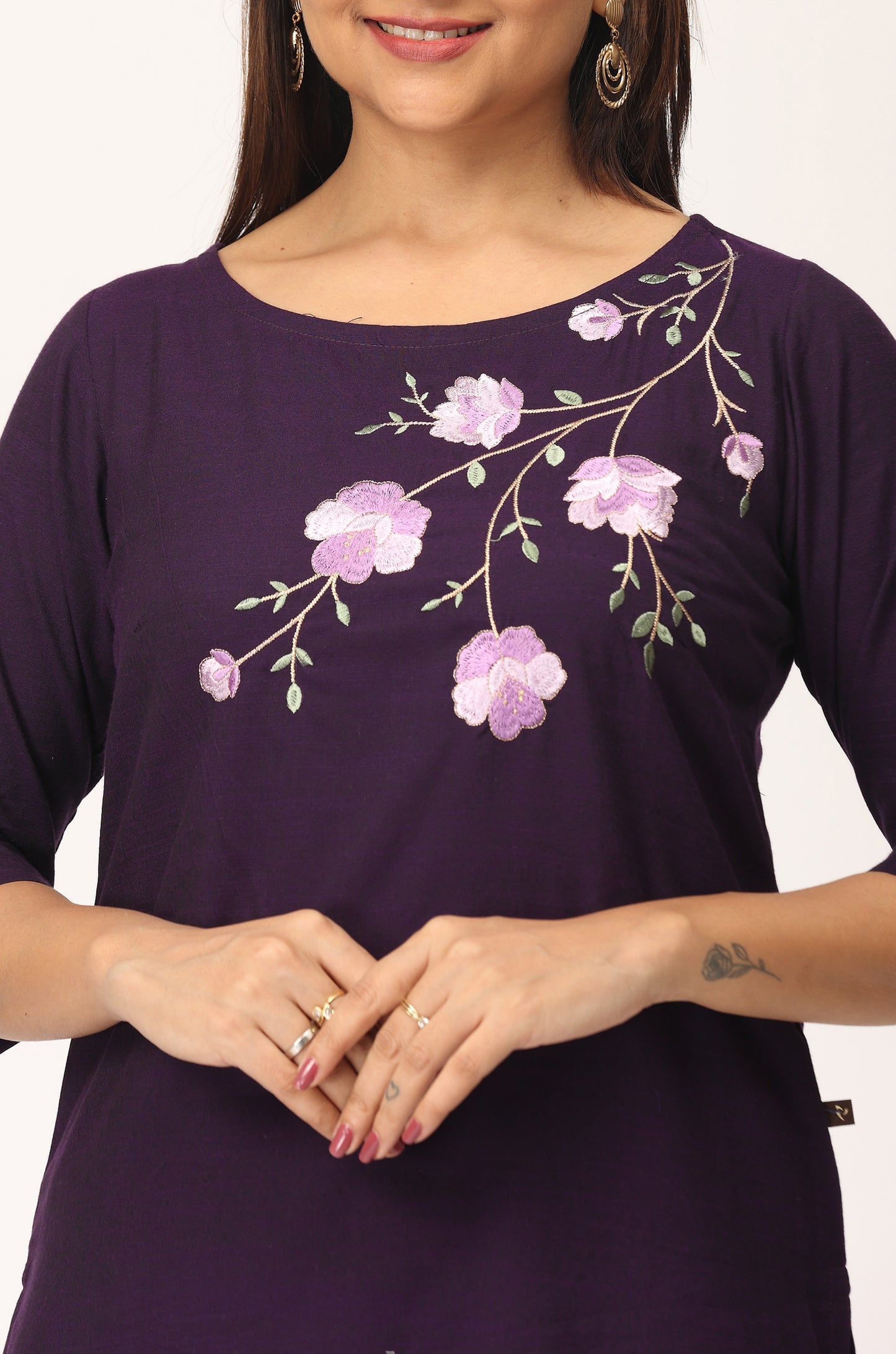 Purple Rayon Slub Embroidery Straight Kurti
