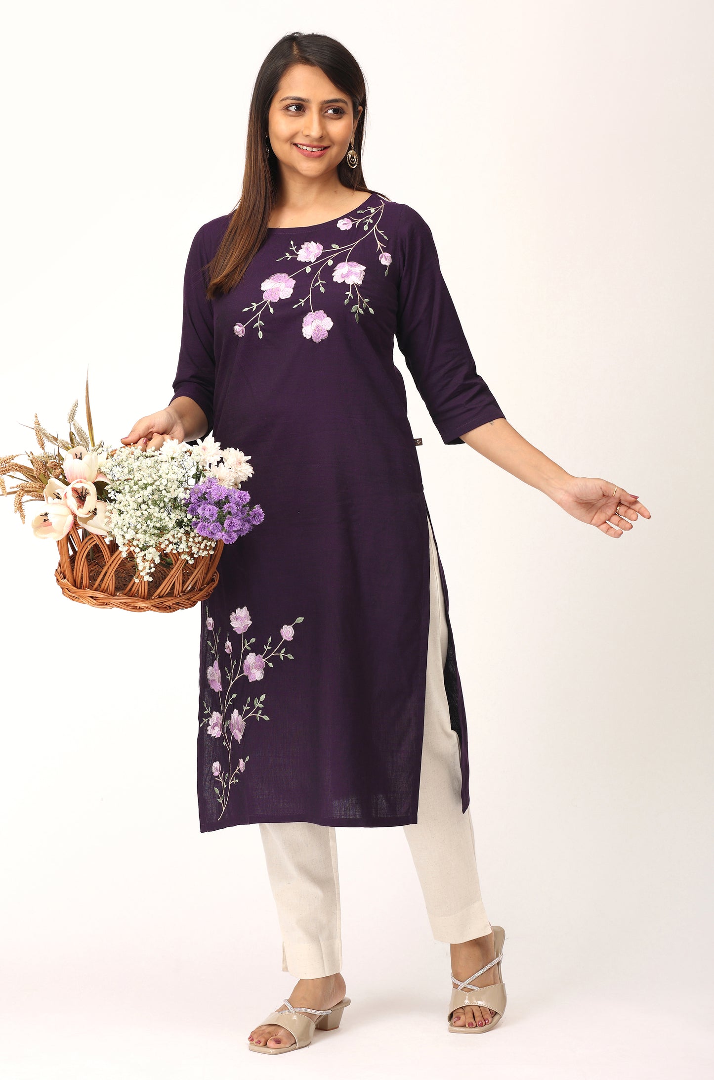 Purple Rayon Slub Embroidery Straight Kurti