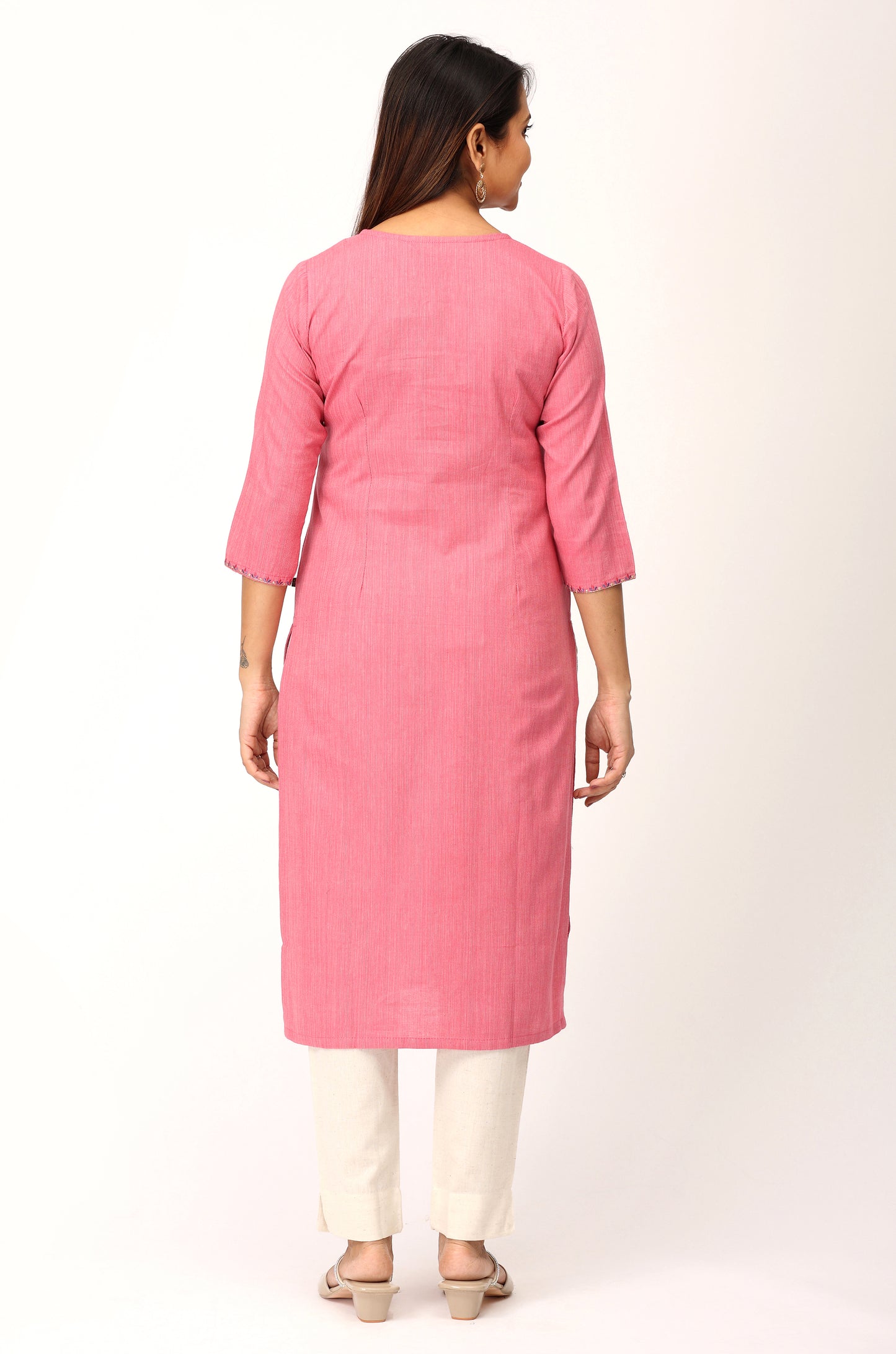 Pink Khadi Embroidery Straight Kurti