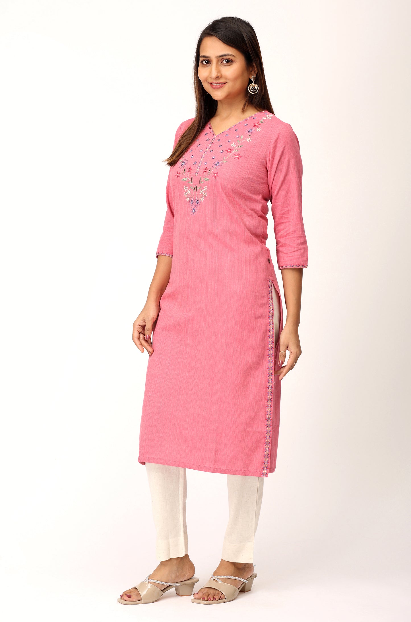 Pink Khadi Embroidery Straight Kurti