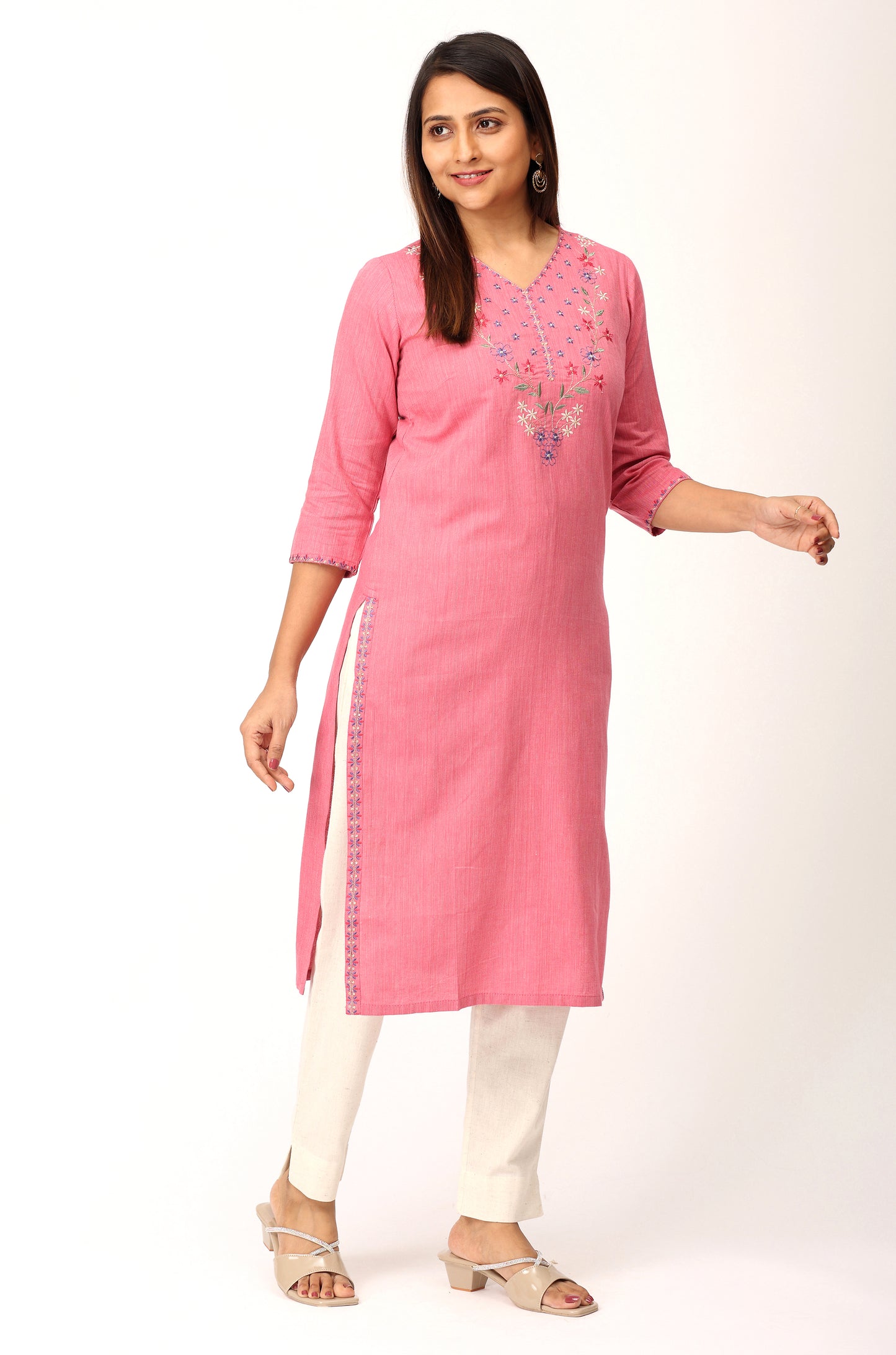 Pink Khadi Embroidery Straight Kurti