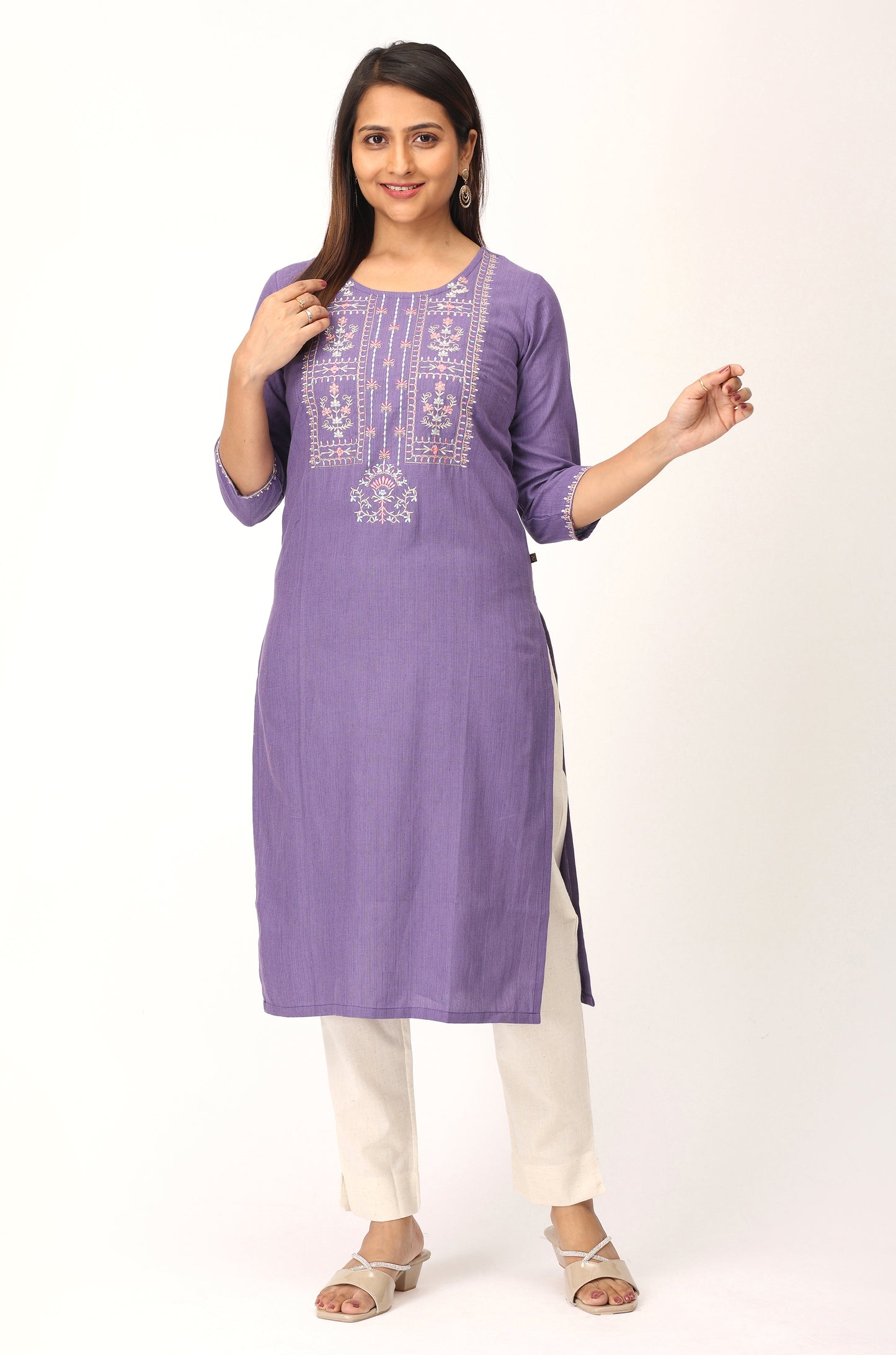 Purple Khadi Embroidery Straight Kurti