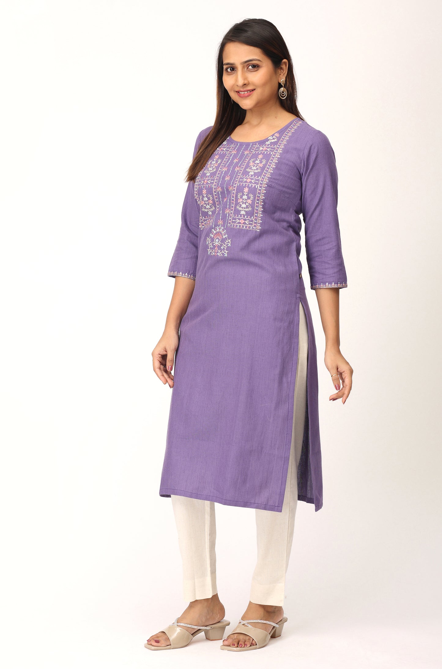 Purple Khadi Embroidery Straight Kurti