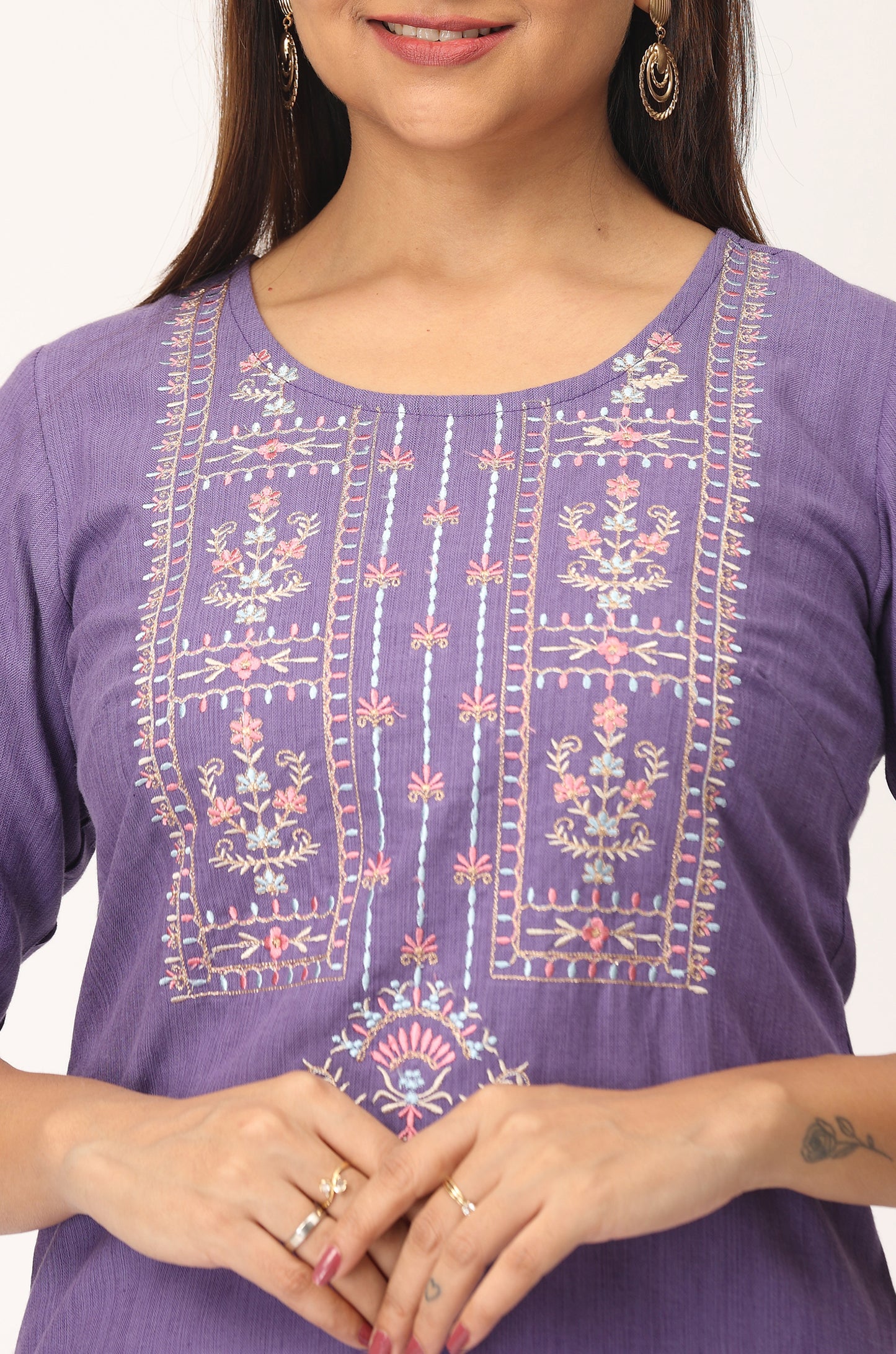 Purple Khadi Embroidery Straight Kurti