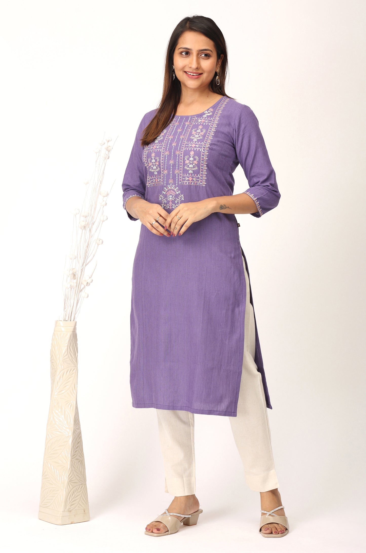 Purple Khadi Embroidery Straight Kurti