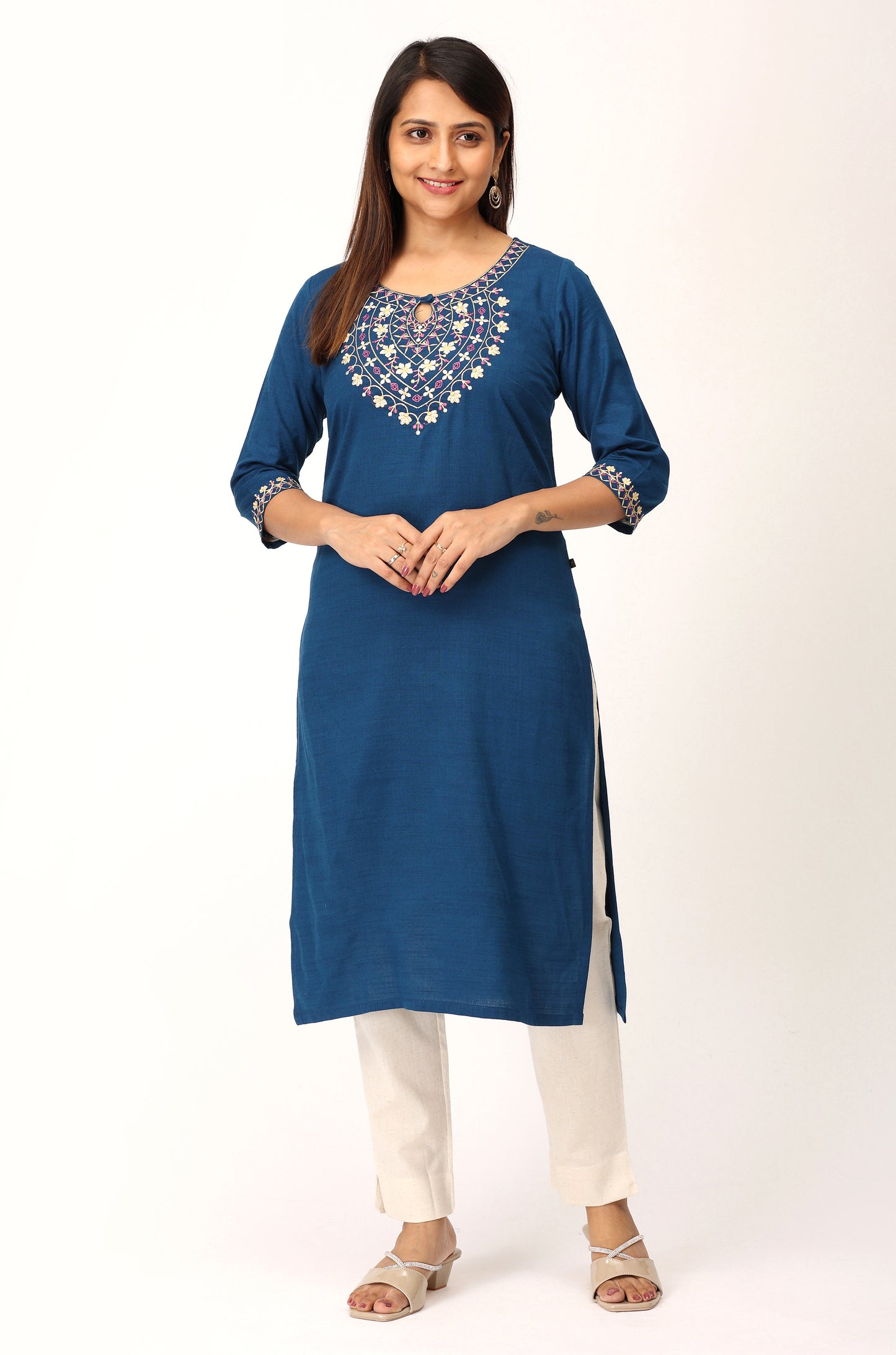 Blue Rayon Slub Embroidery Straight Kurti