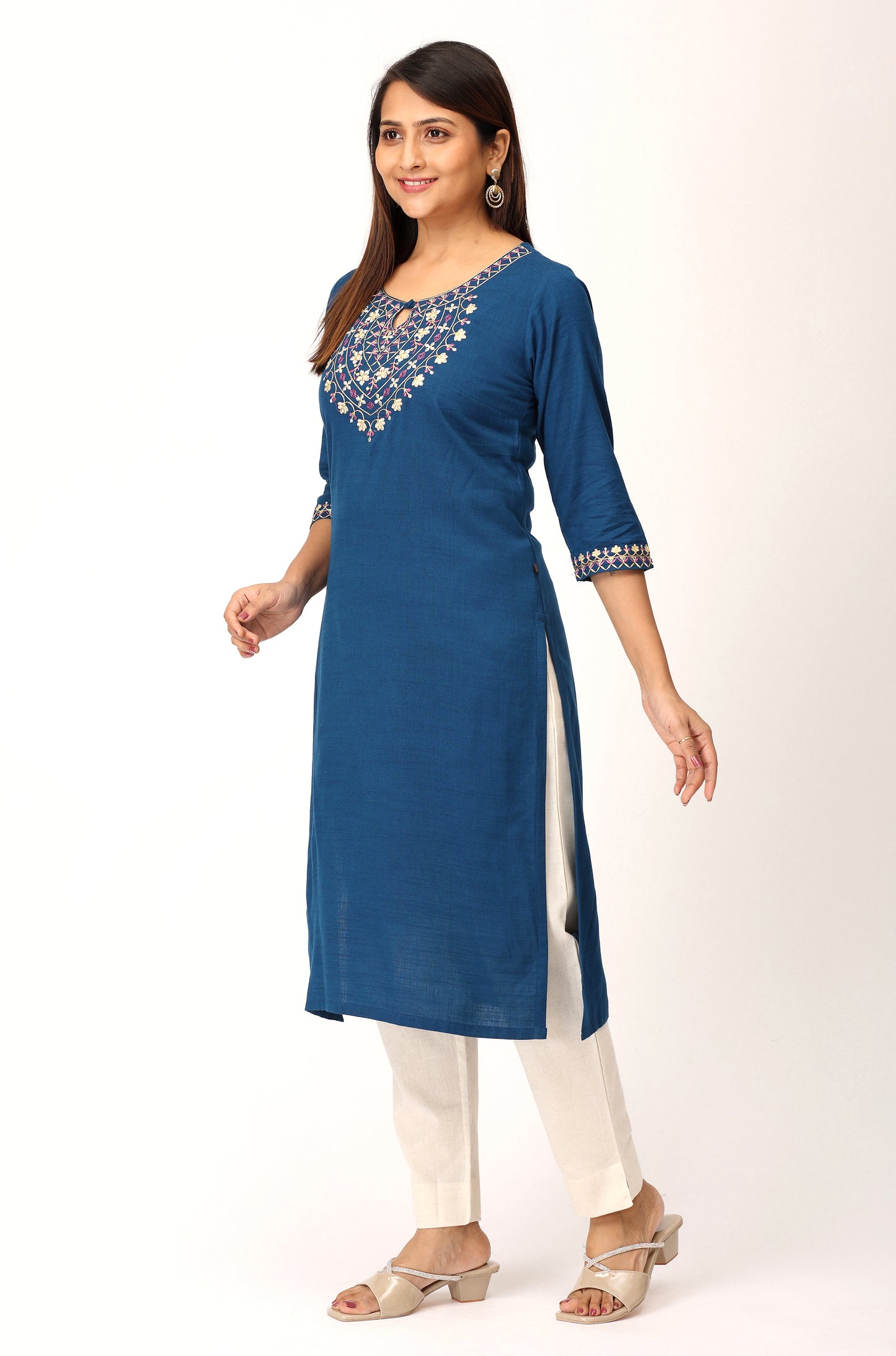 Blue Rayon Slub Embroidery Straight Kurti