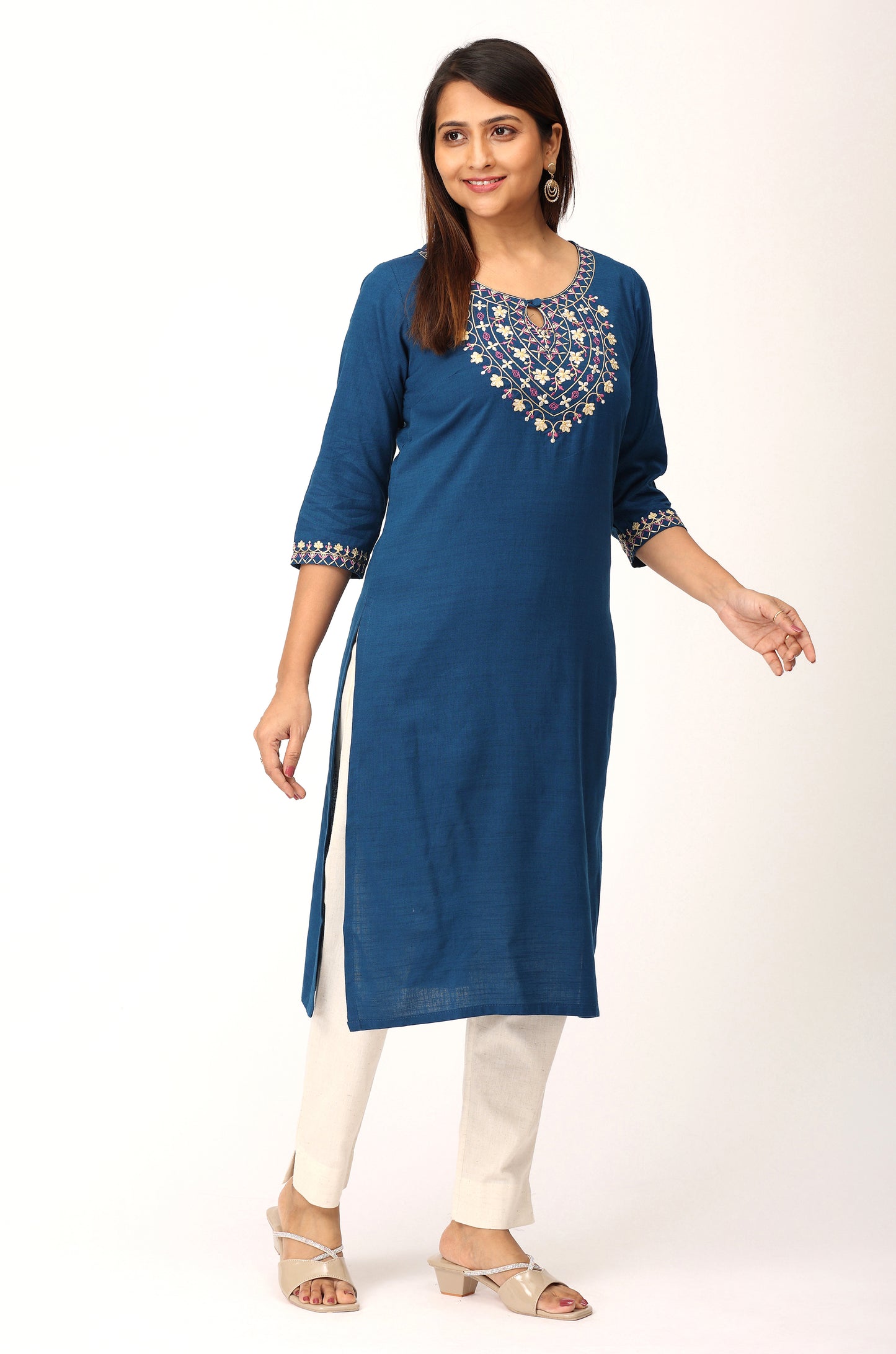 Blue Rayon Slub Embroidery Straight Kurti