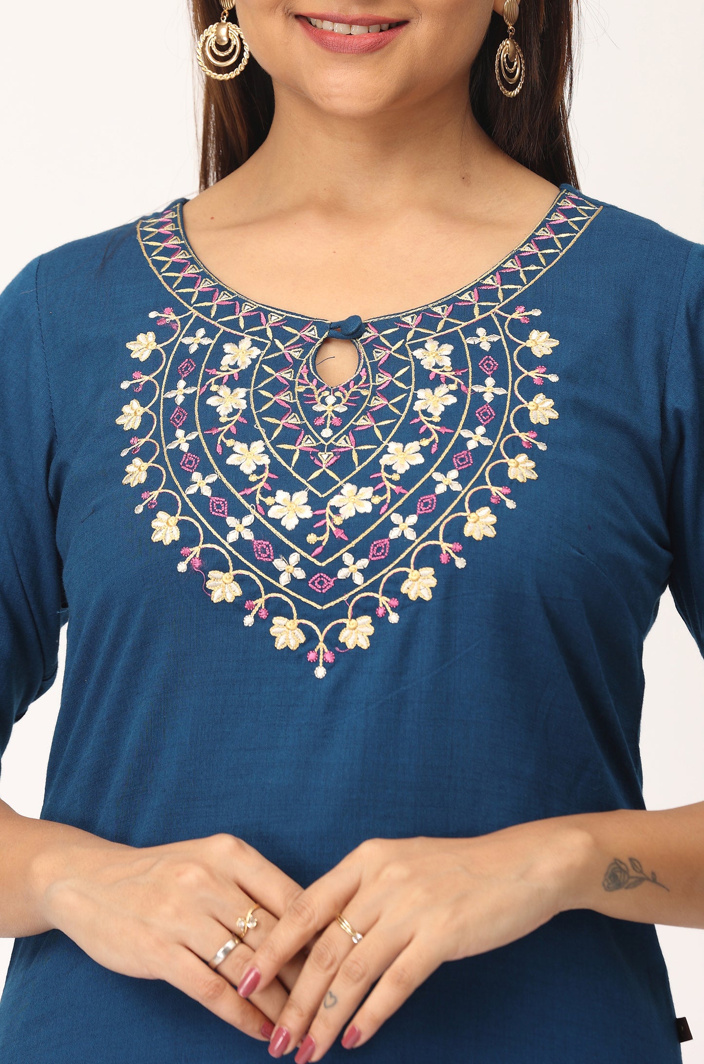 Blue Rayon Slub Embroidery Straight Kurti