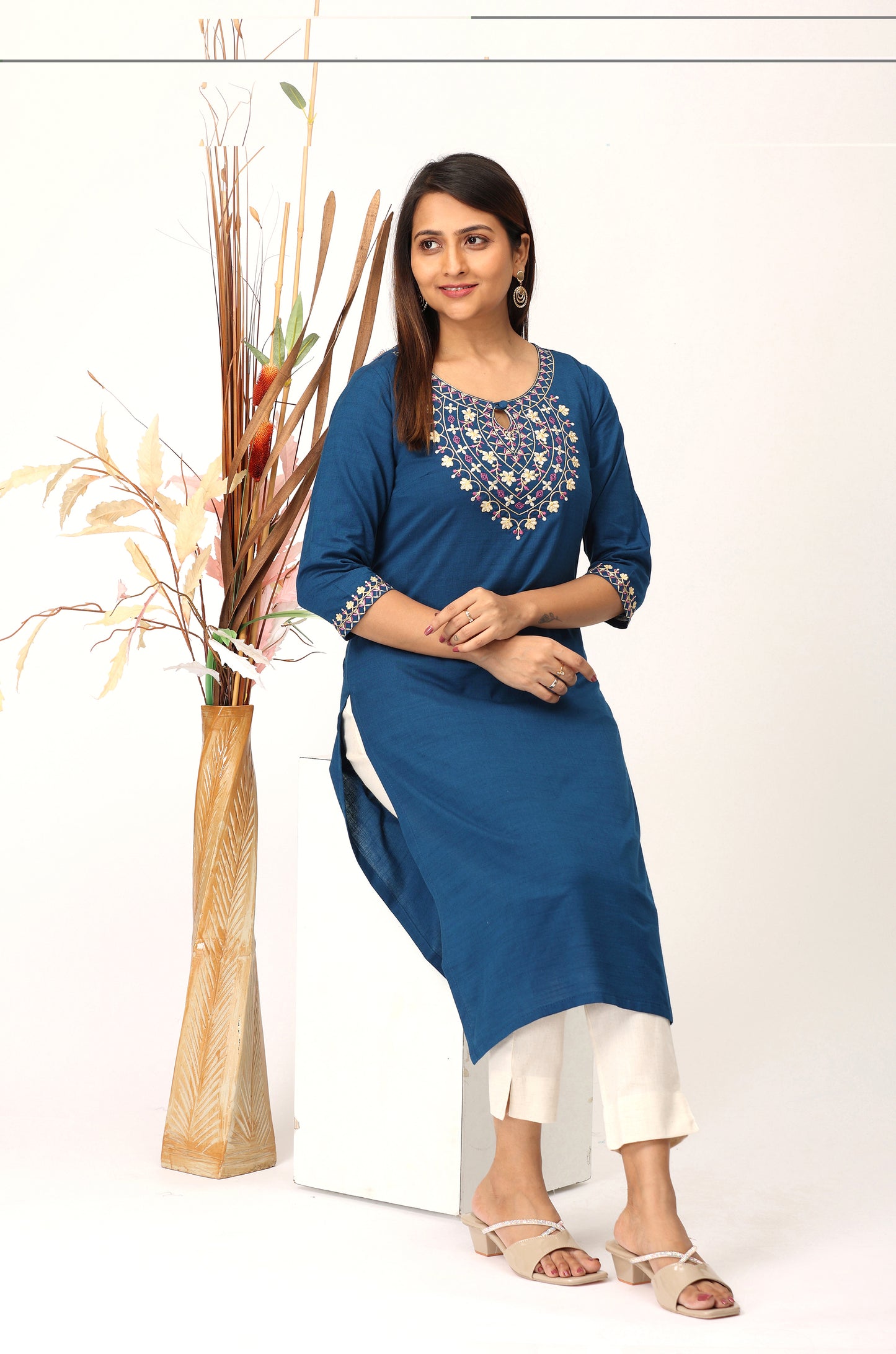 Blue Rayon Slub Embroidery Straight Kurti