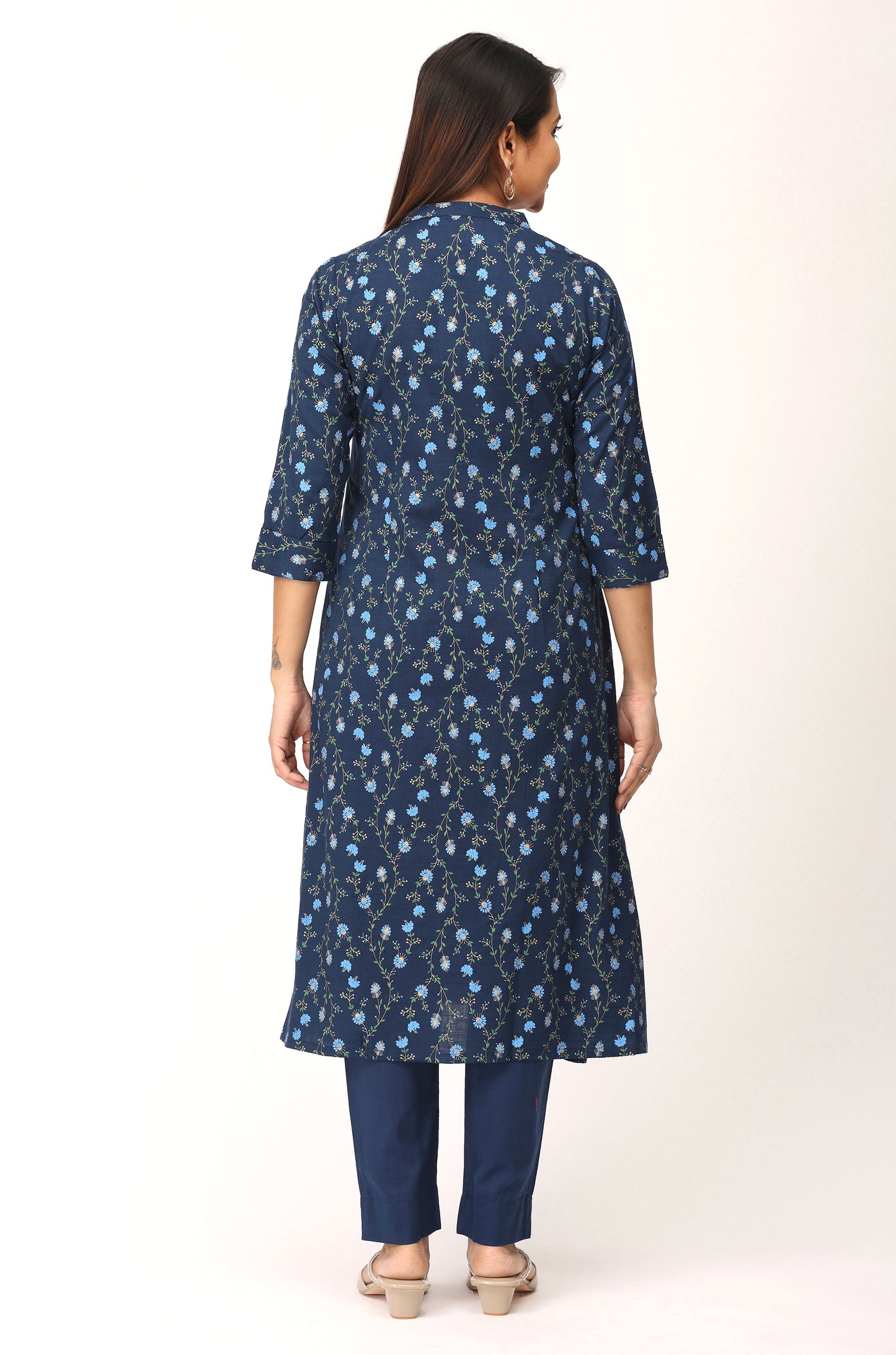 Navy Blue Rayon Slub Printed A-Line Kurti Set - 2Pcs