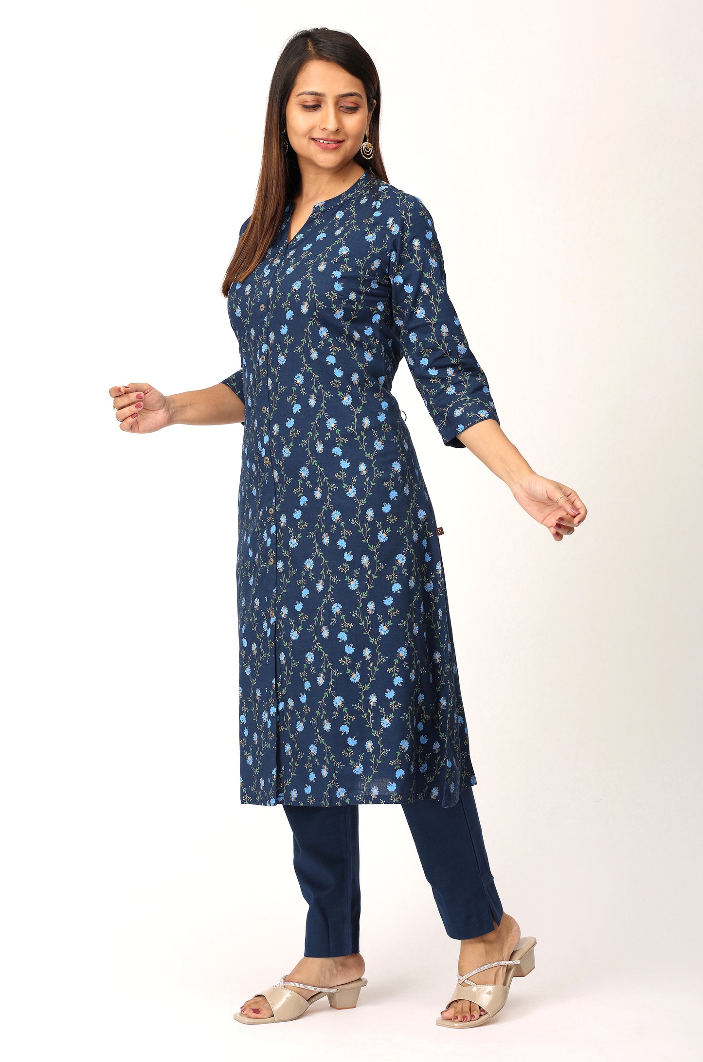Navy Blue Rayon Slub Printed A-Line Kurti Set - 2Pcs